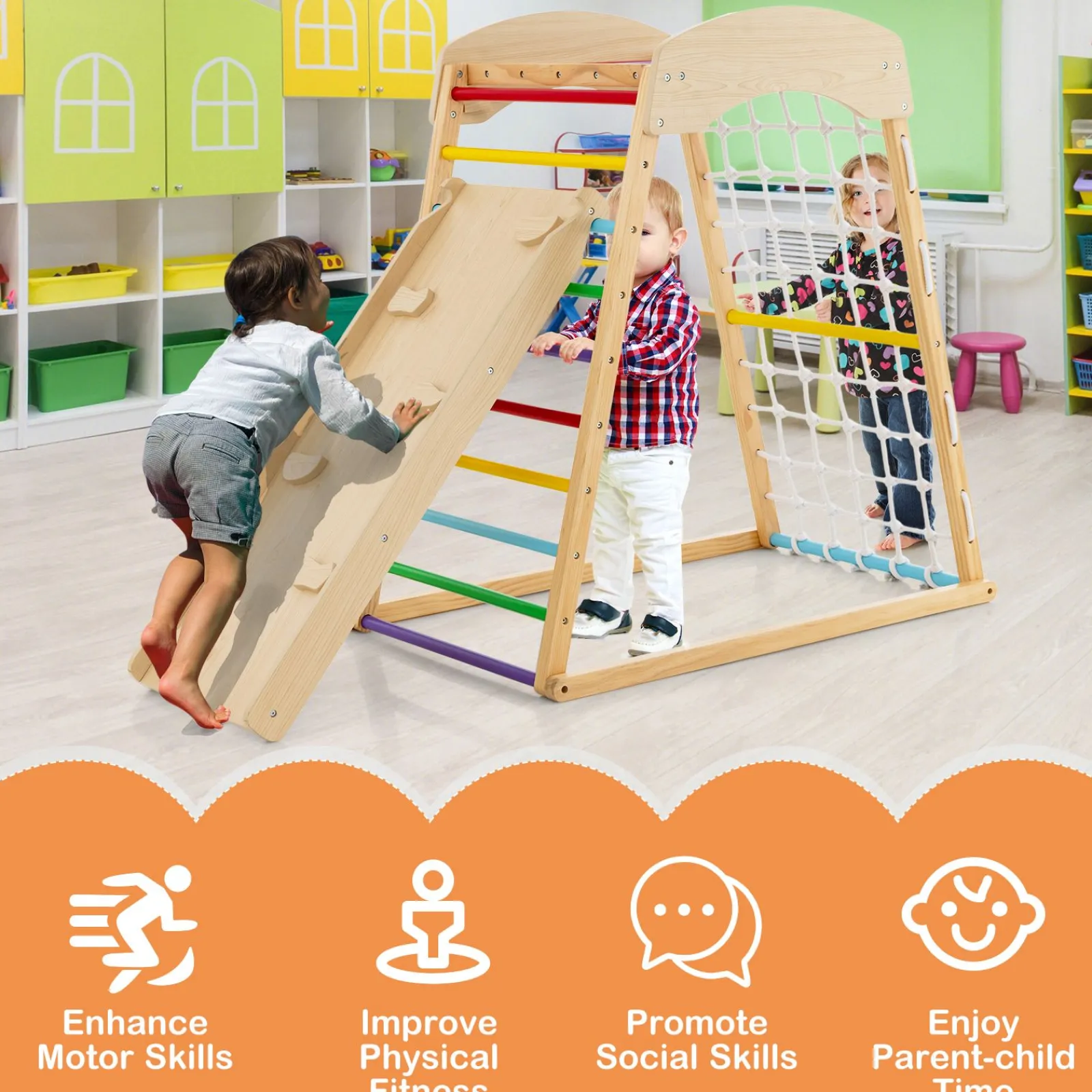 Kinder Little Helper Montessori 6-in-1 Indoor-Klettergerüst aus Öko-Holz für Kleinkinder | Kletterwand | Rutsche | 12m+