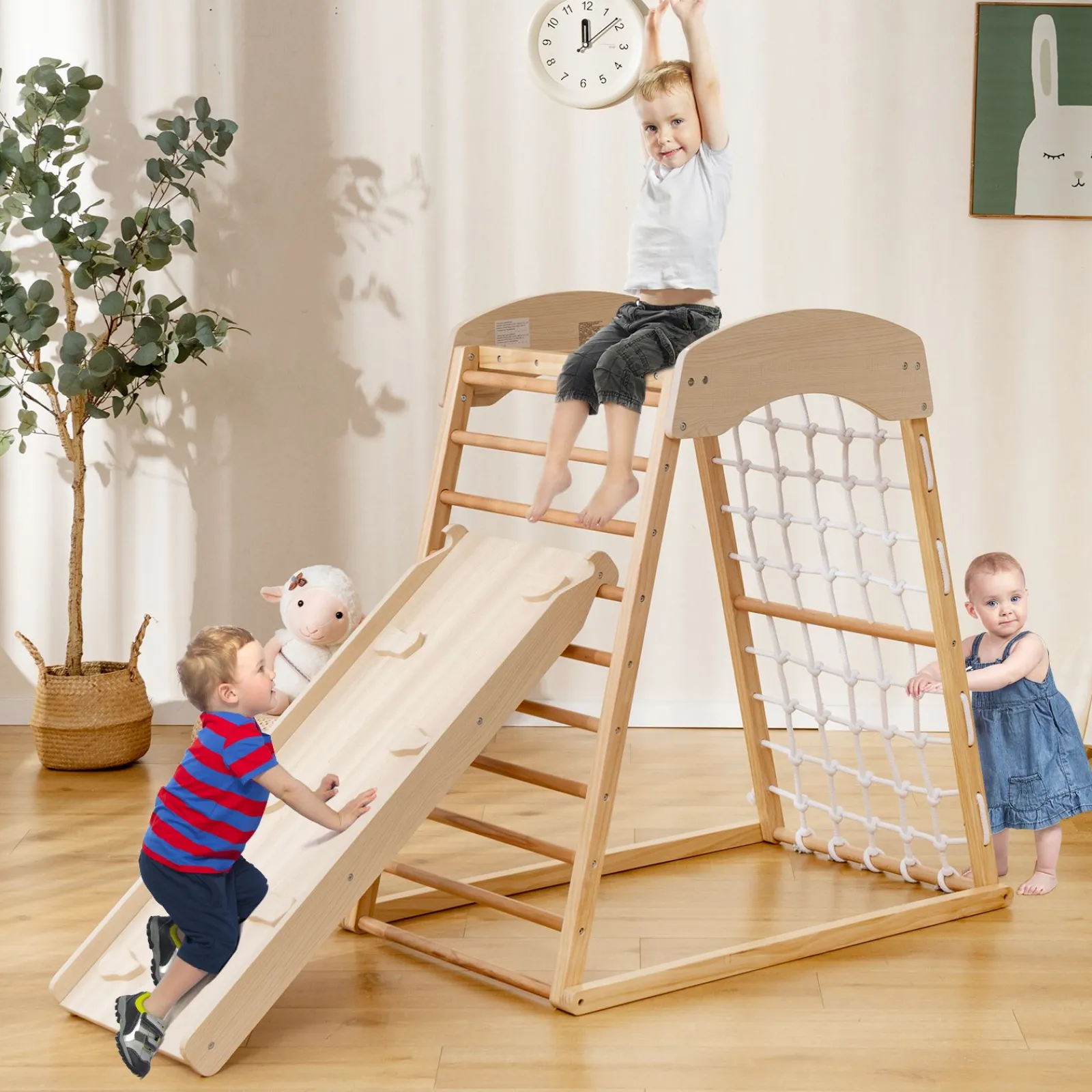 Kinder Little Helper Montessori 6-in-1 Indoor-Klettergerüst aus Öko-Holz für Kleinkinder | Kletterwand | Rutsche | 12m+