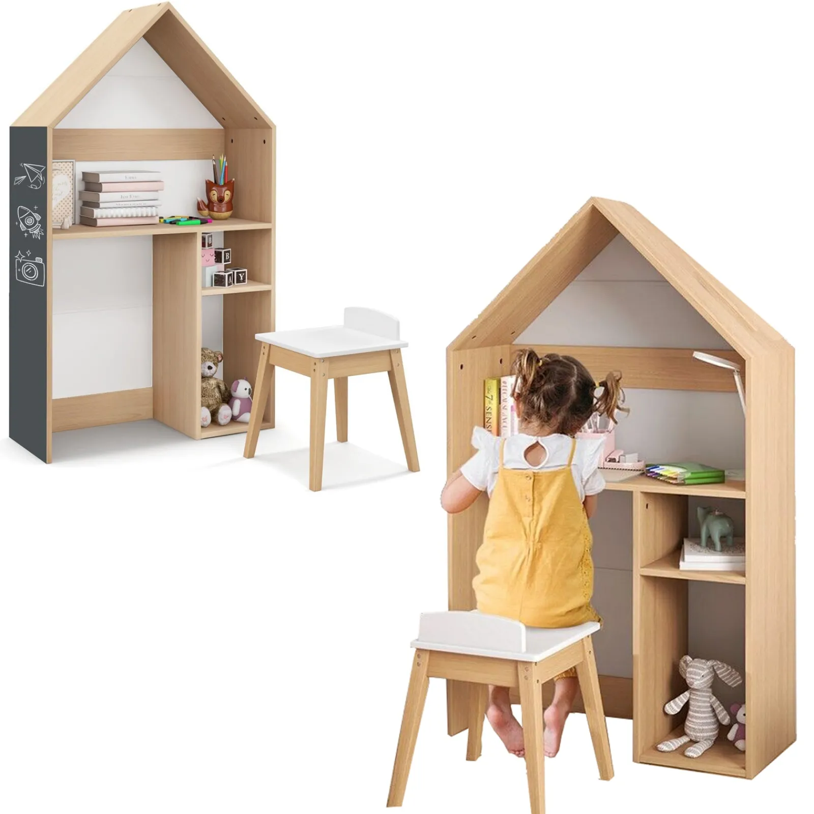 Kinder Little Helper Montessori 3-in-1 Kinderschreibtisch und Hocker | Hausförmiges Bücherregal und Spielzeugaufbewahrung | Tafel
