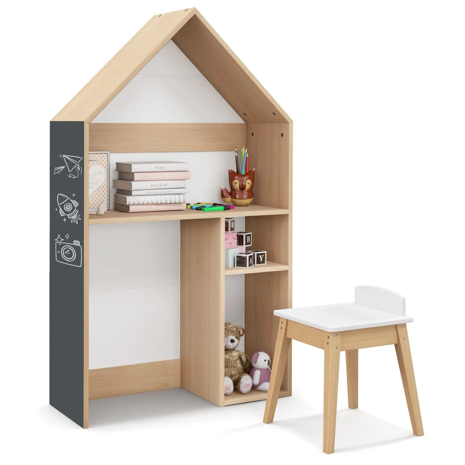 Kinder Little Helper Montessori 3-in-1 Kinderschreibtisch und Hocker | Hausförmiges Bücherregal und Spielzeugaufbewahrung | Tafel