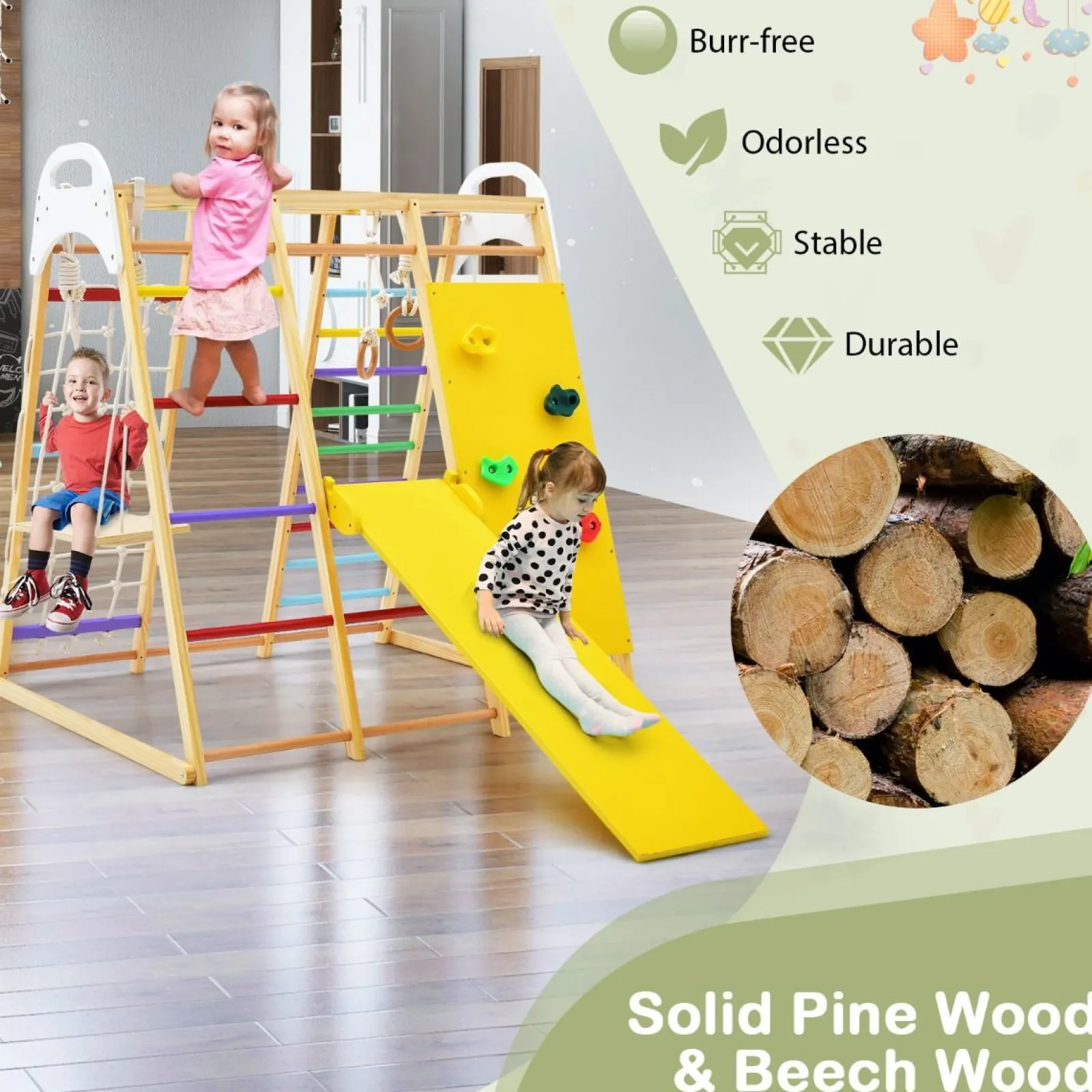 Kinder Little Helper Montessori 8-in-1 Klettergerüst aus Ökoholz | Klettergerüst-Spielset | Rutsche | Klettergerüst | Ab 3 Jahren