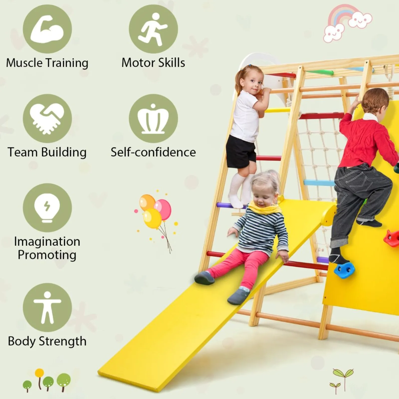 Kinder Little Helper Montessori 8-in-1 Klettergerüst aus Ökoholz | Klettergerüst-Spielset | Rutsche | Klettergerüst | Ab 3 Jahren