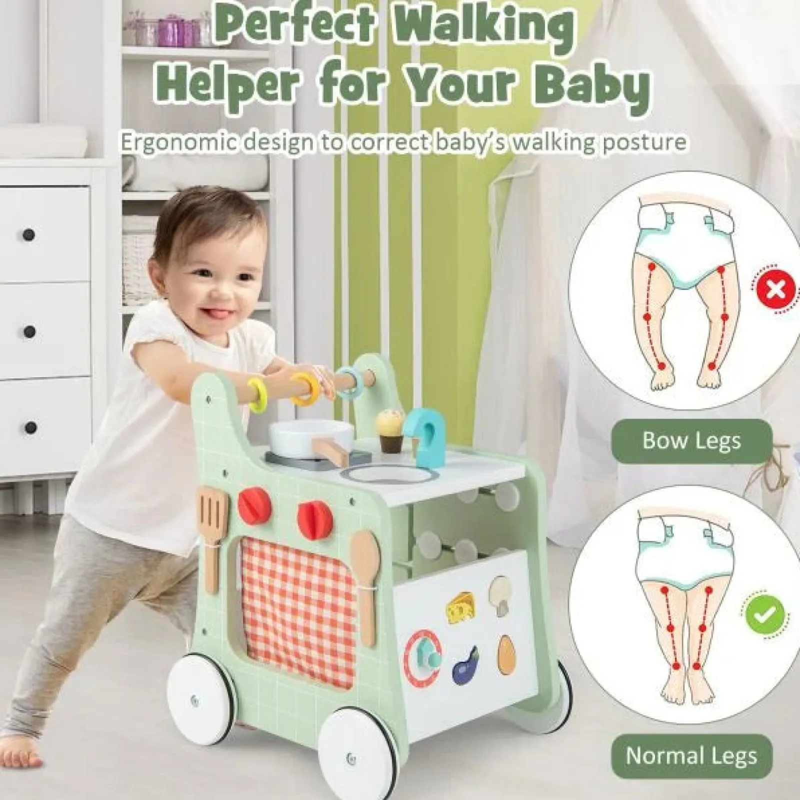 Kinder Little Helper Montessori 6-in-1 Lauflernhilfe zur Haltungsentwicklung | Busy Board und Mini-Spielzeugküche | 12m+