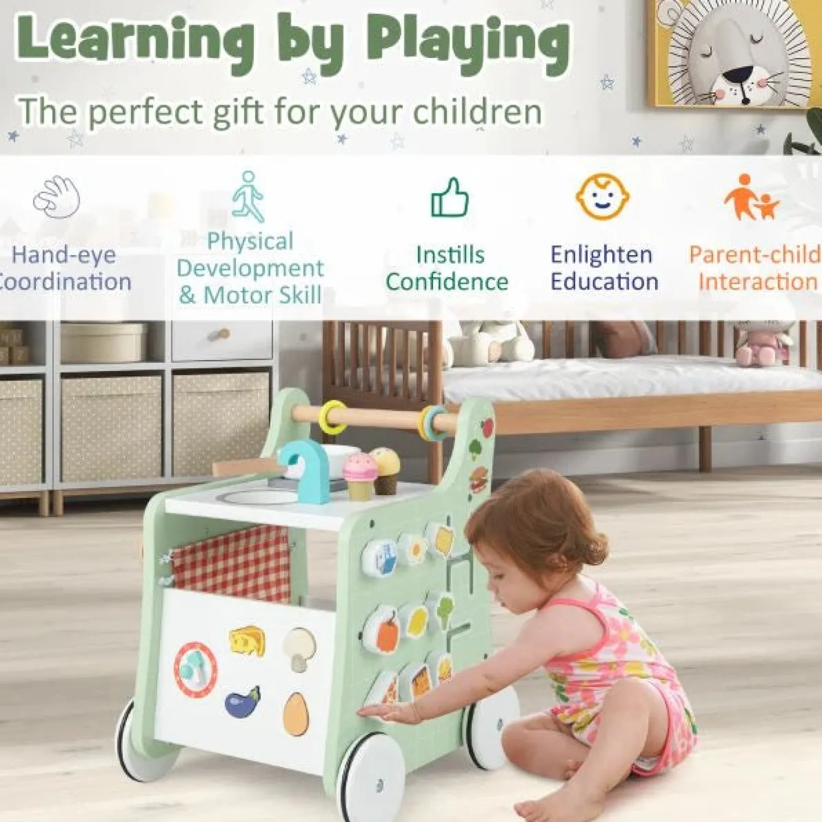 Kinder Little Helper Montessori 6-in-1 Lauflernhilfe zur Haltungsentwicklung | Busy Board und Mini-Spielzeugküche | 12m+