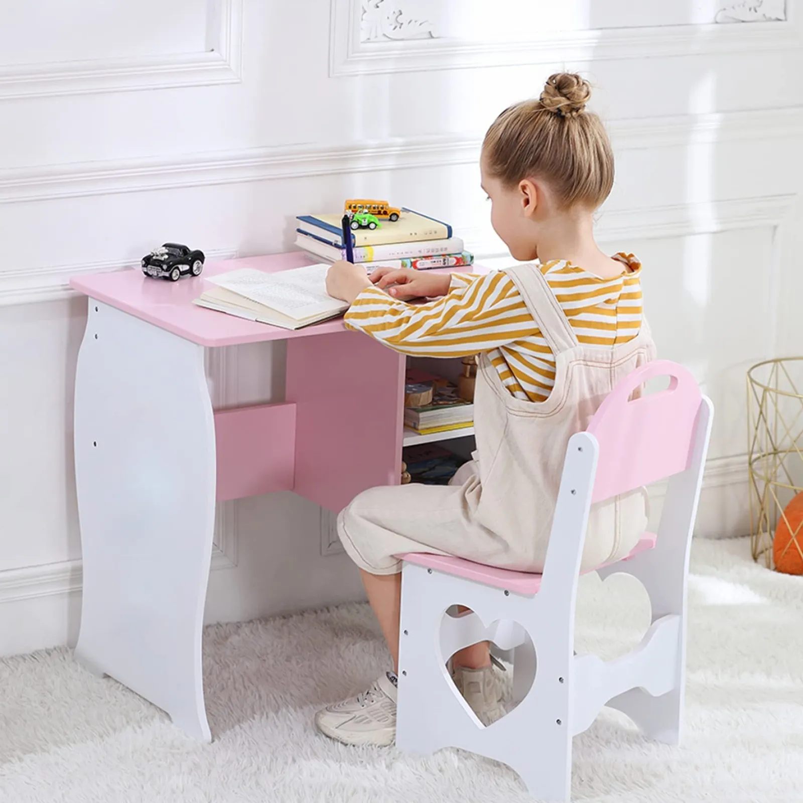 Kinder Little Helper Montessori Sweetheart Hausaufgabentisch für Kinder | Bücherregal | Aufbewahrung & Hocker | Rosa & Weiß | 3-10 Jahre
