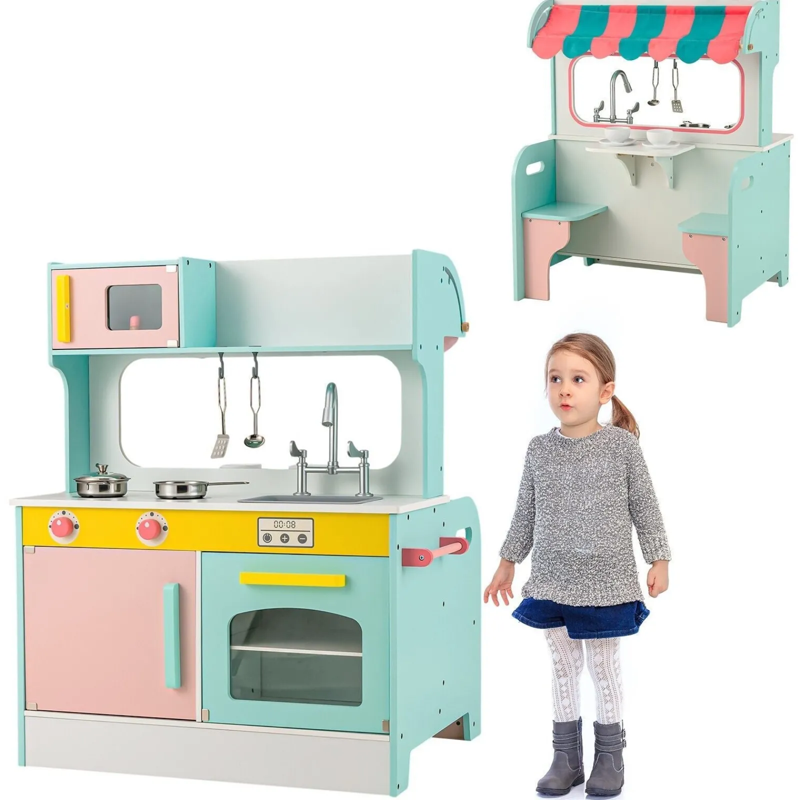 Little Helper Montessori zweiseitige kinderspielküche & esszimmer | kochspielset | 3 jahre+ | 2 farben