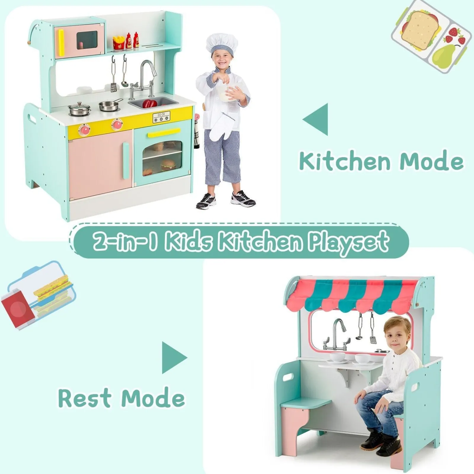 Little Helper Montessori zweiseitige kinderspielküche & esszimmer | kochspielset | 3 jahre+ | 2 farben