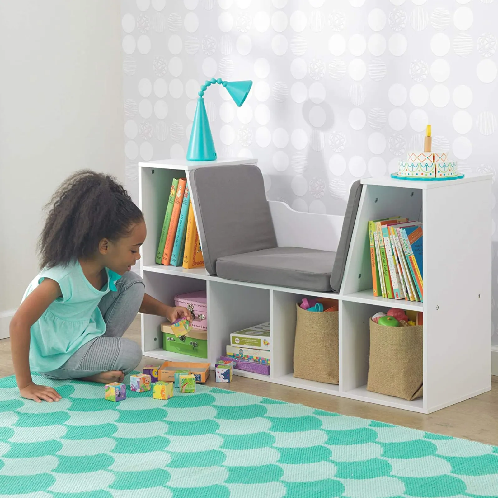 Kinder Little Helper Montessori-Bücherregal Für Kinder | Spielzeugaufbewahrung | Lesesitz Für Kinder | Weiß | Graue Kissen