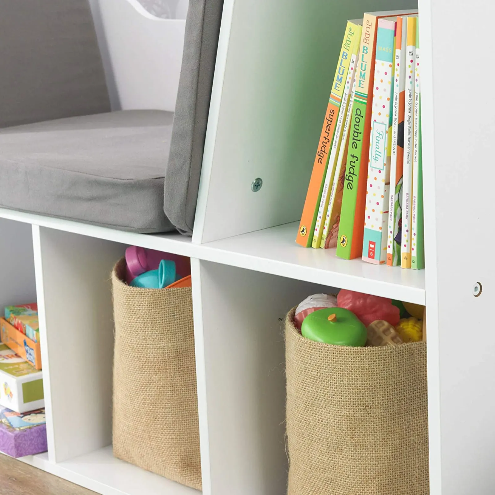 Kinder Little Helper Montessori-Bücherregal Für Kinder | Spielzeugaufbewahrung | Lesesitz Für Kinder | Weiß | Graue Kissen