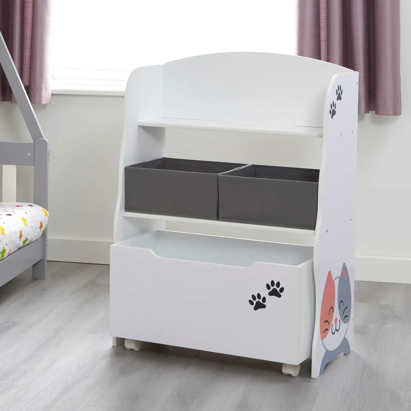 Kinder Little Helper Montessori-Bücherregal und Spielzeugaufbewahrung aus Holz für Kinder | Ausziehbare Schubladen und Boxen | Hunde- und Katzendesign