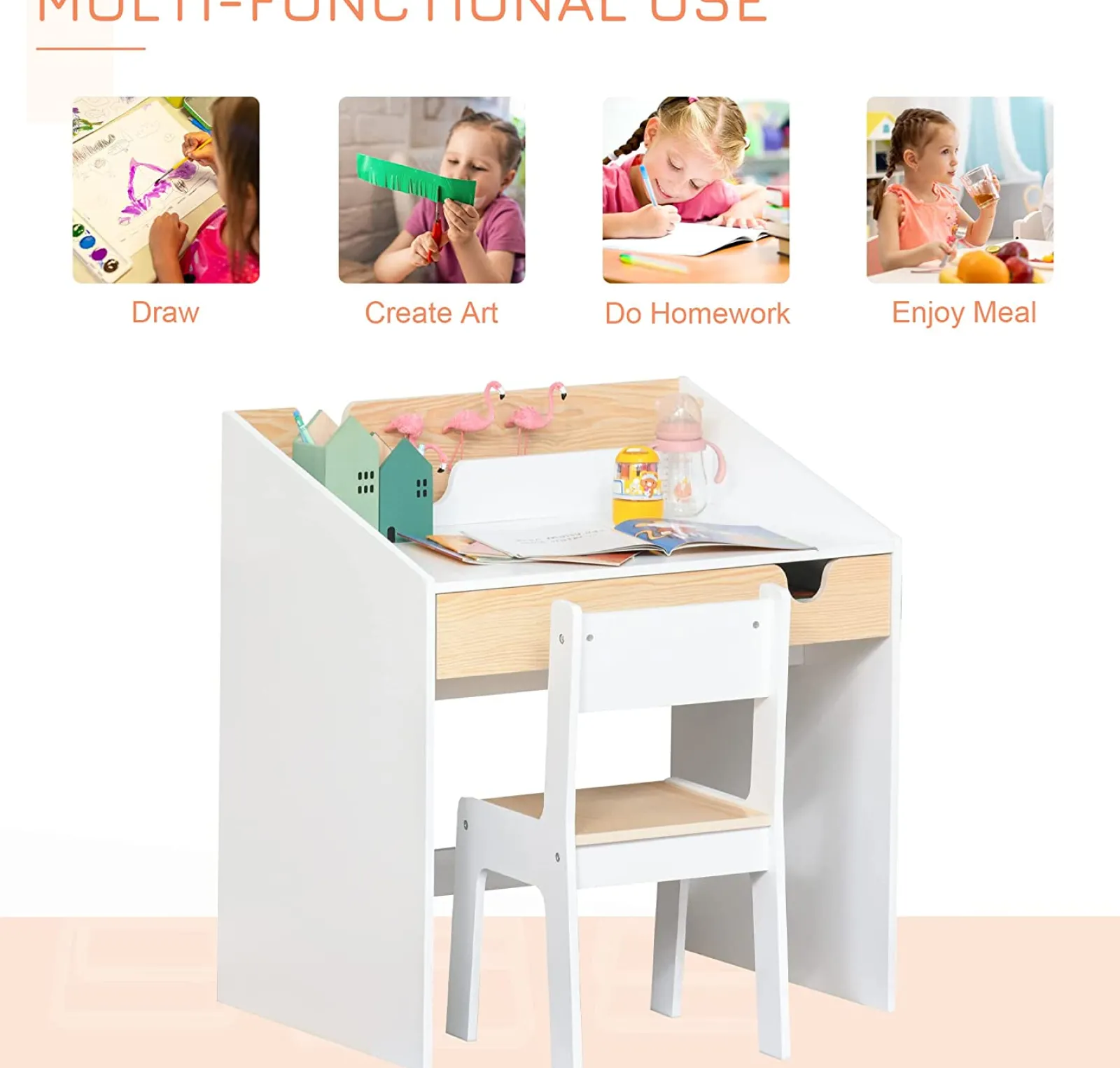 Kinder Little Helper Montessori-Hausaufgabenschreibtisch für Kinder | Bücherregal | Aufbewahrung & Stuhl | Natur & Weiß | 3-8 Jahre