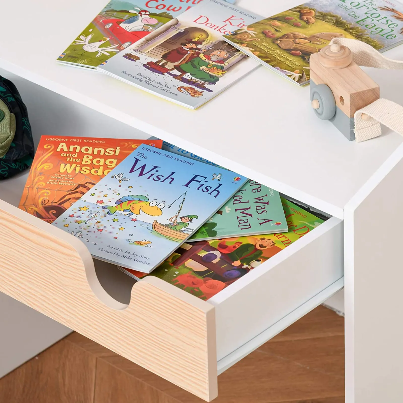 Kinder Little Helper Montessori-Hausaufgabenschreibtisch für Kinder | Bücherregal | Aufbewahrung & Stuhl | Natur & Weiß | 3-8 Jahre