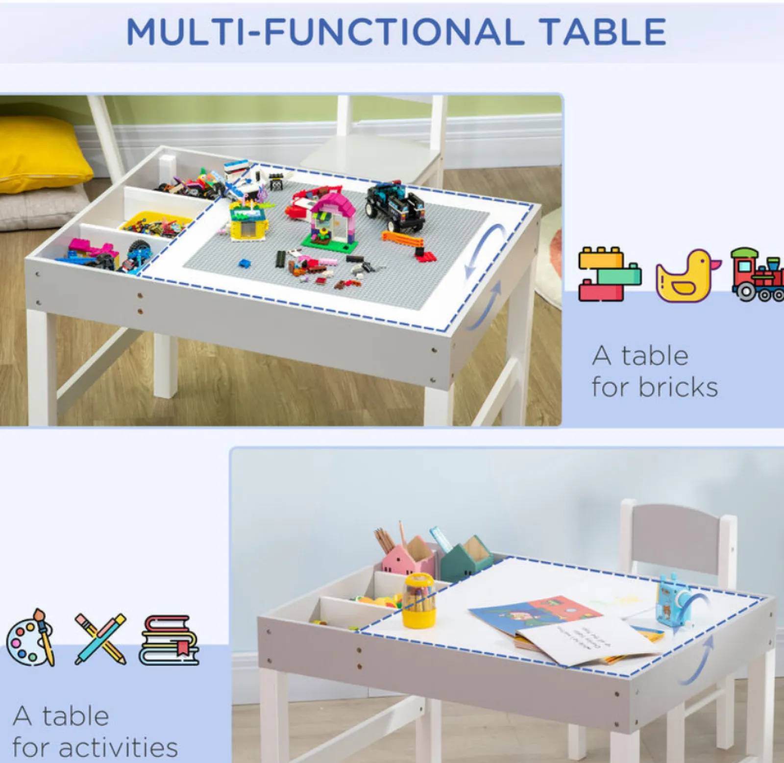 Kinder Little Helper Montessori-Hausaufgabentisch | Wendbare Platte | Lego-Brett | Aufbewahrung & Stuhl | Weiß & Grau | Ab 3 Jahren