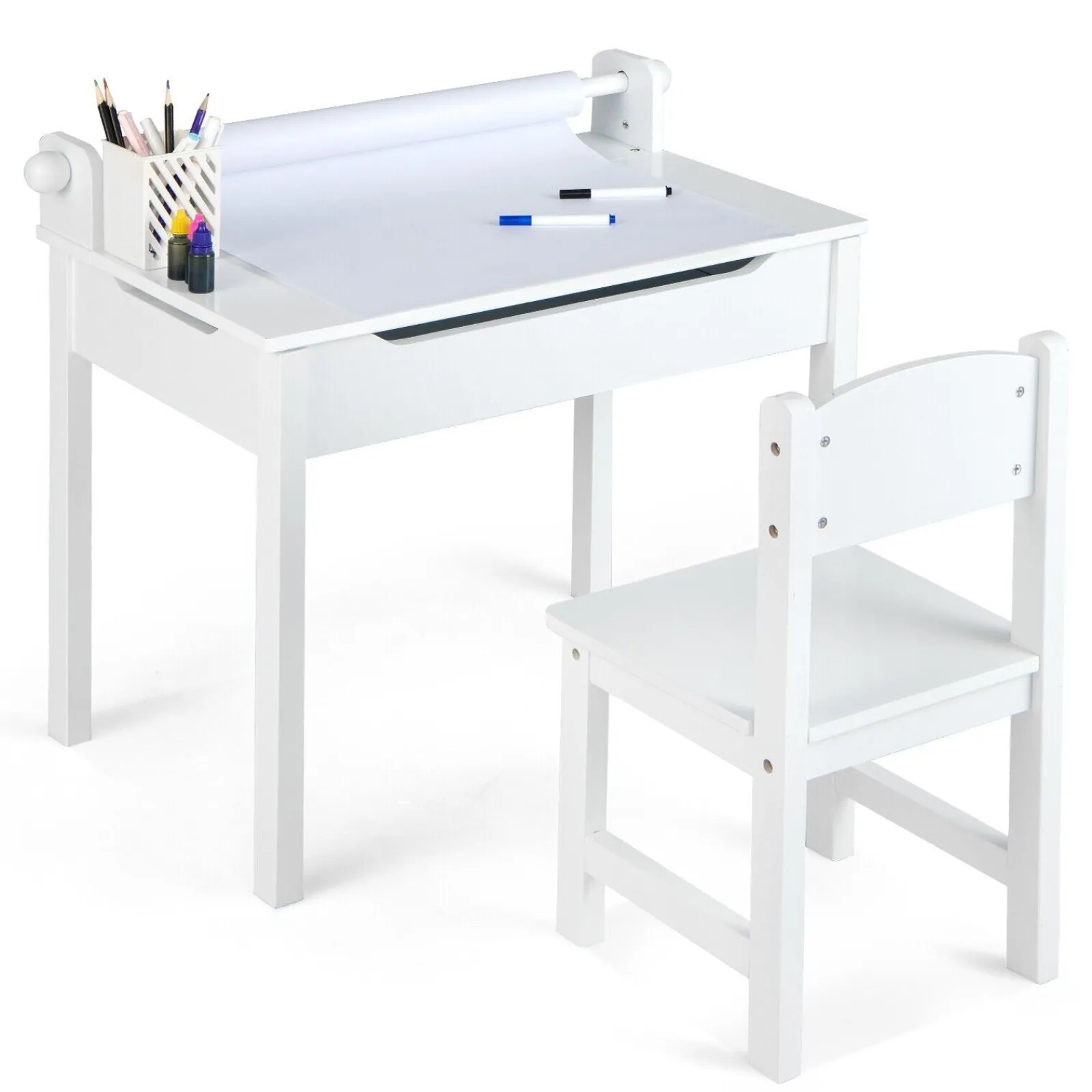 Kinder Little Helper Montessori-Hausaufgabentisch für Kinder und ergonomischer Stuhl zur Wirbelsäulenunterstützung | Papierrolle | Weiß | Ab 3 Jahren