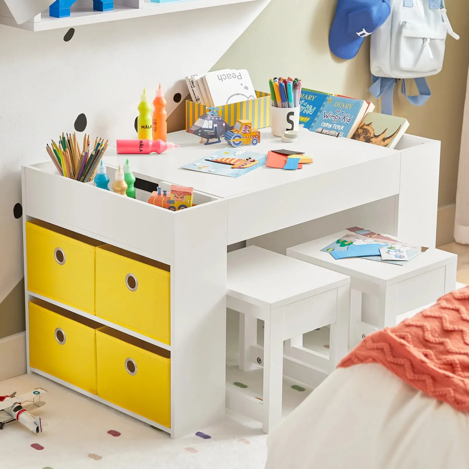 Kinder Little Helper Montessori-Kunsttisch und 2 Hocker im Set | 8 Aufbewahrungsboxen | Wendbarer Lego-Tisch für den Schreibtisch | Weiß | Ab 3 Jahren
