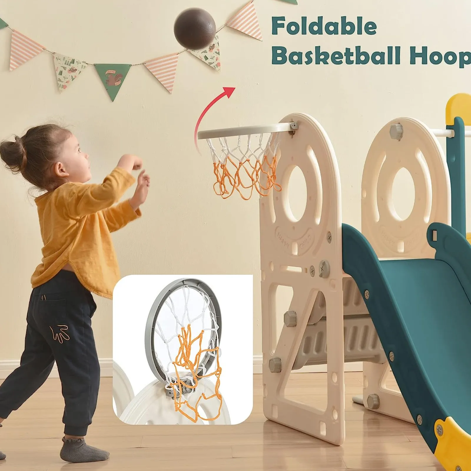Little Helper Montessori-Spielbus und Rutsche für Kinder | Basketballkorb | Innen-Außen | Grün oder Beige