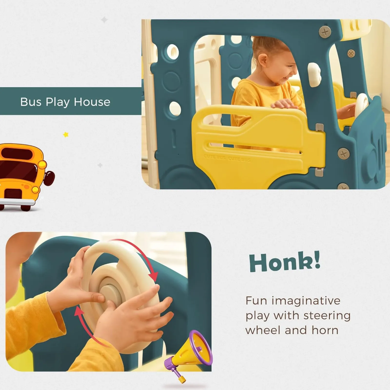 Little Helper Montessori-Spielbus und Rutsche für Kinder | Basketballkorb | Innen-Außen | Grün oder Beige