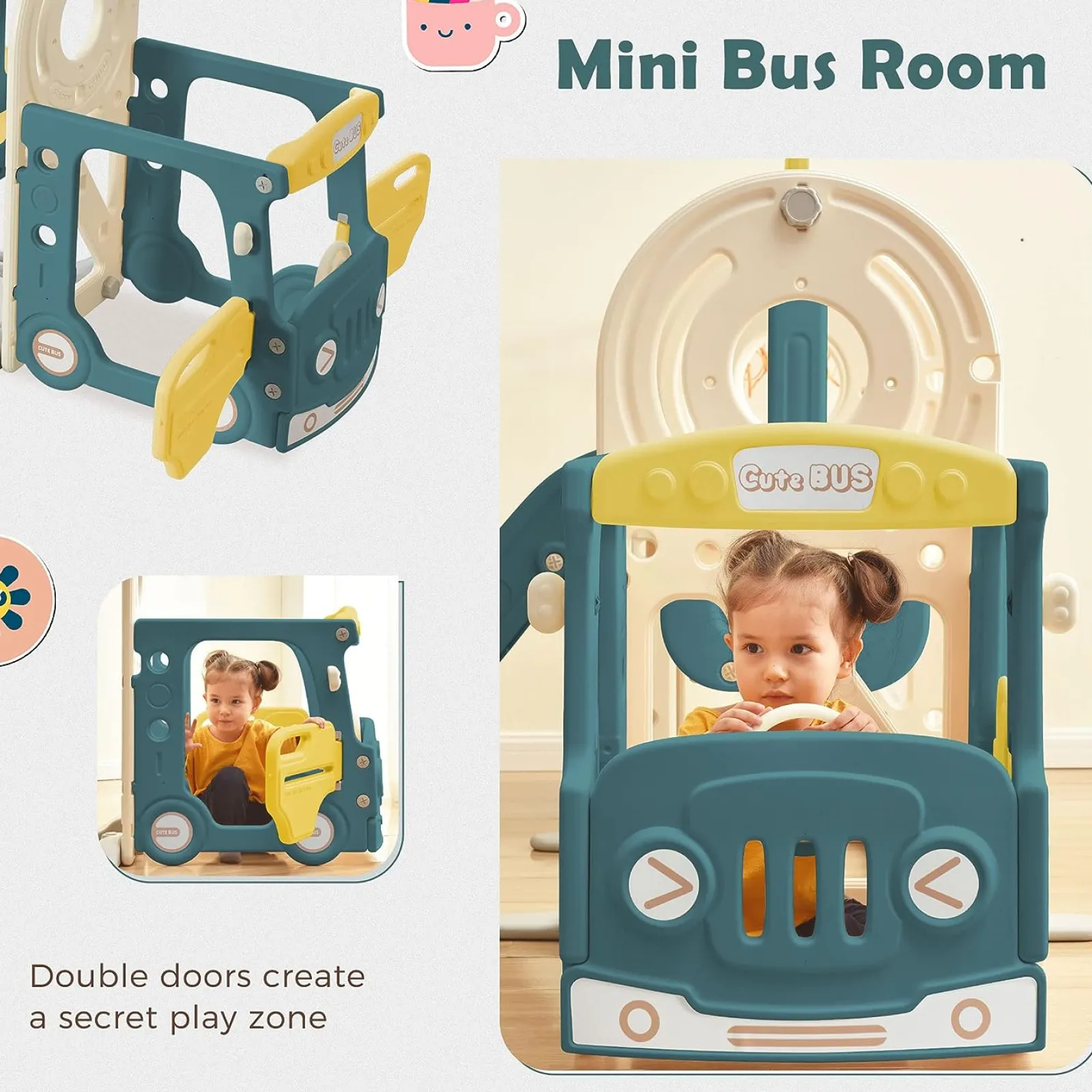 Little Helper Montessori-Spielbus und Rutsche für Kinder | Basketballkorb | Innen-Außen | Grün oder Beige