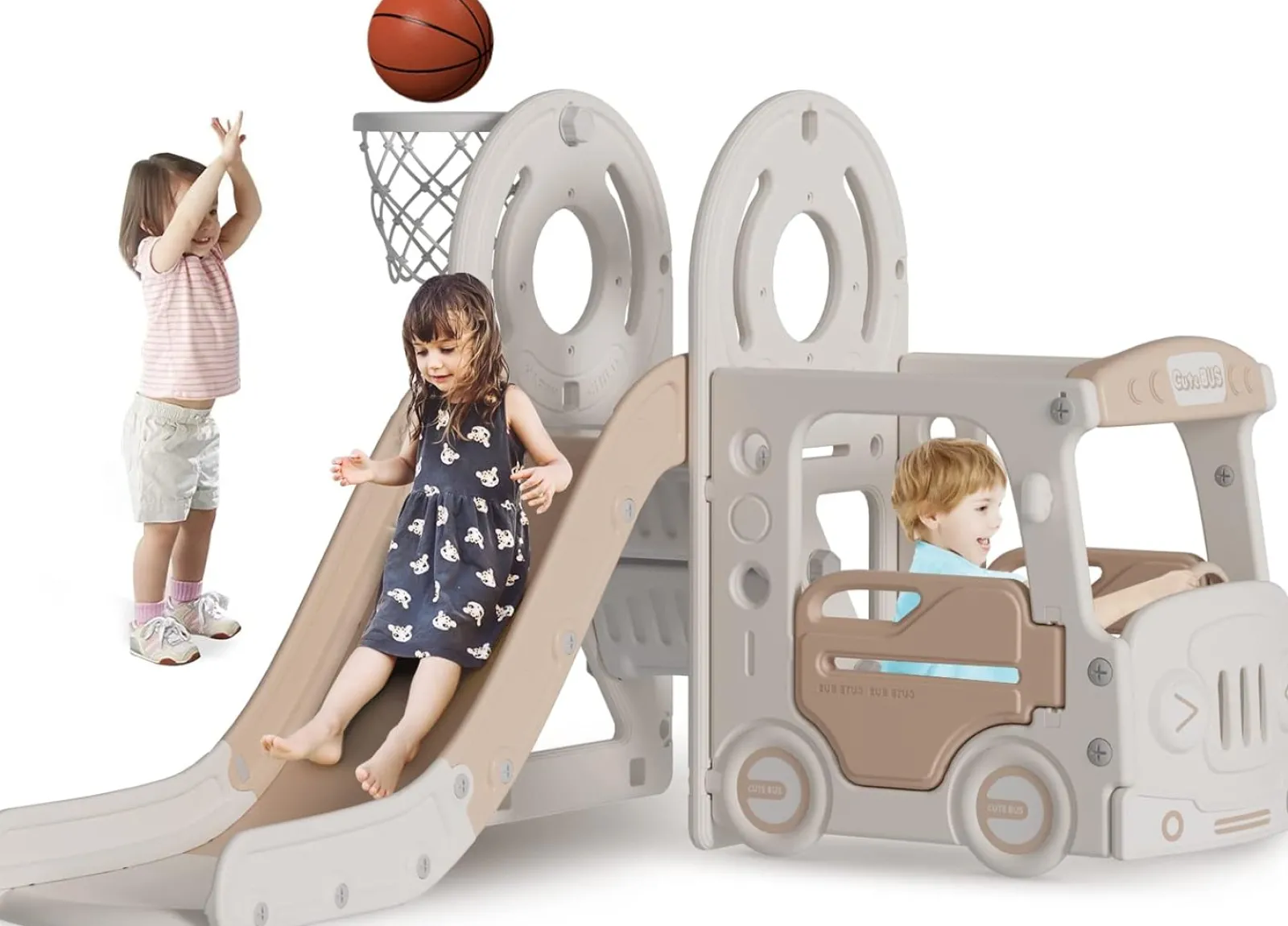 Little Helper Montessori-Spielbus und Rutsche für Kinder | Basketballkorb | Innen-Außen | Grün oder Beige