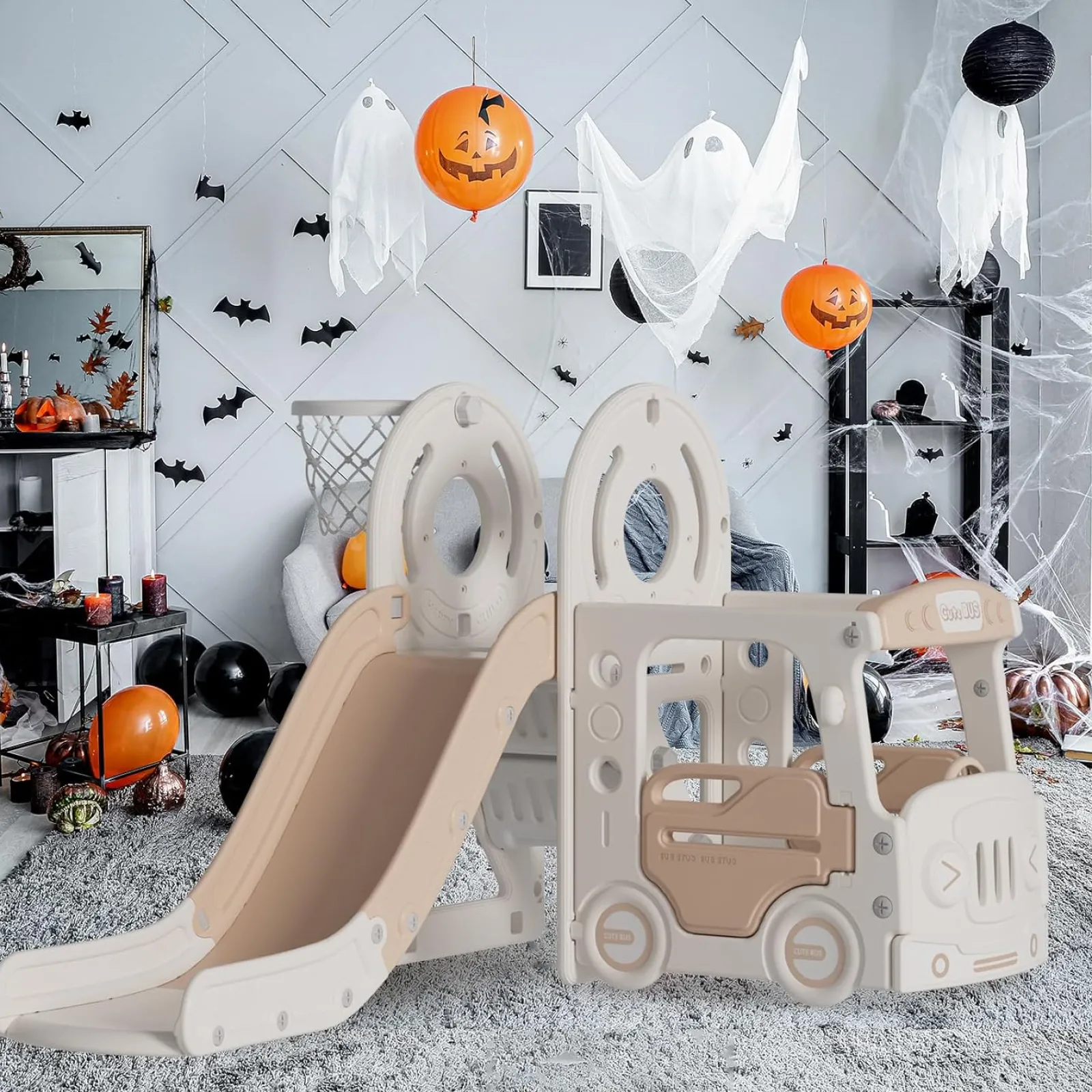 Little Helper Montessori-Spielbus und Rutsche für Kinder | Basketballkorb | Innen-Außen | Grün oder Beige