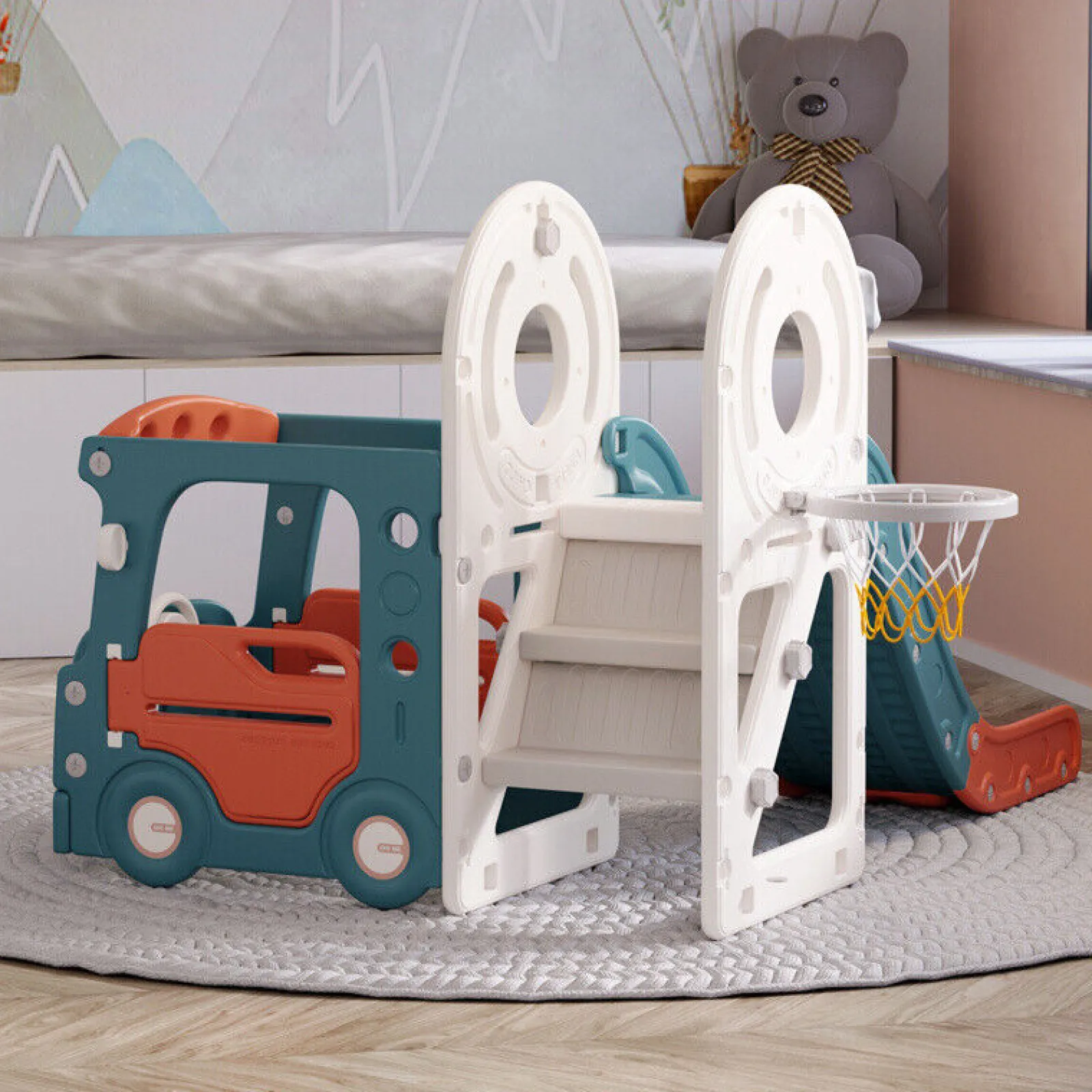 Little Helper Montessori-Spielbus und Rutsche für Kinder | Basketballkorb | Innen-Außen | Grün oder Beige