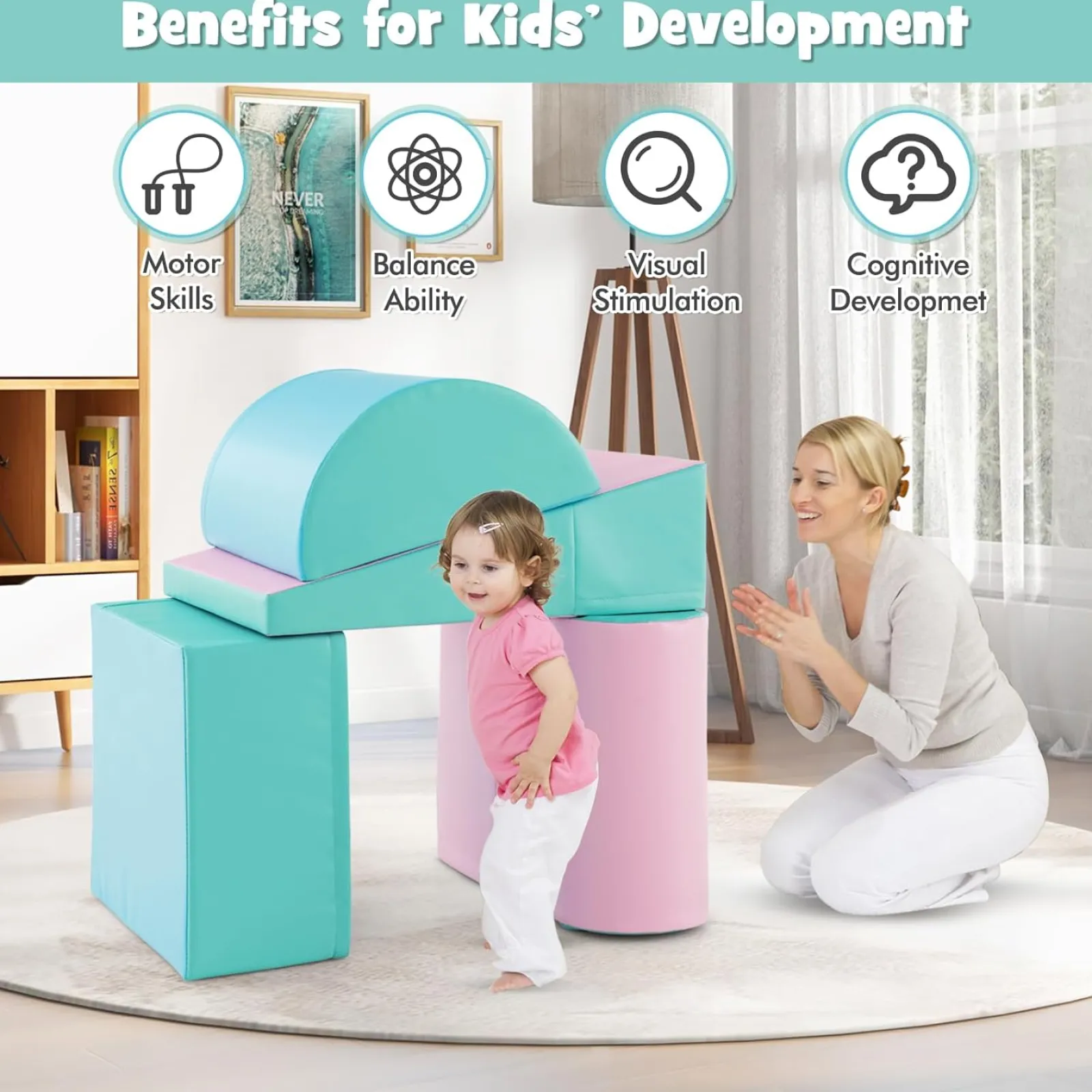 Kinder Little Helper Montessori-Spielgeräte | 5-teiliges Pikler-Spielset aus Schaumstoff | Rutsche und Brücke | Pastell-Mint | 1–3 Jahre