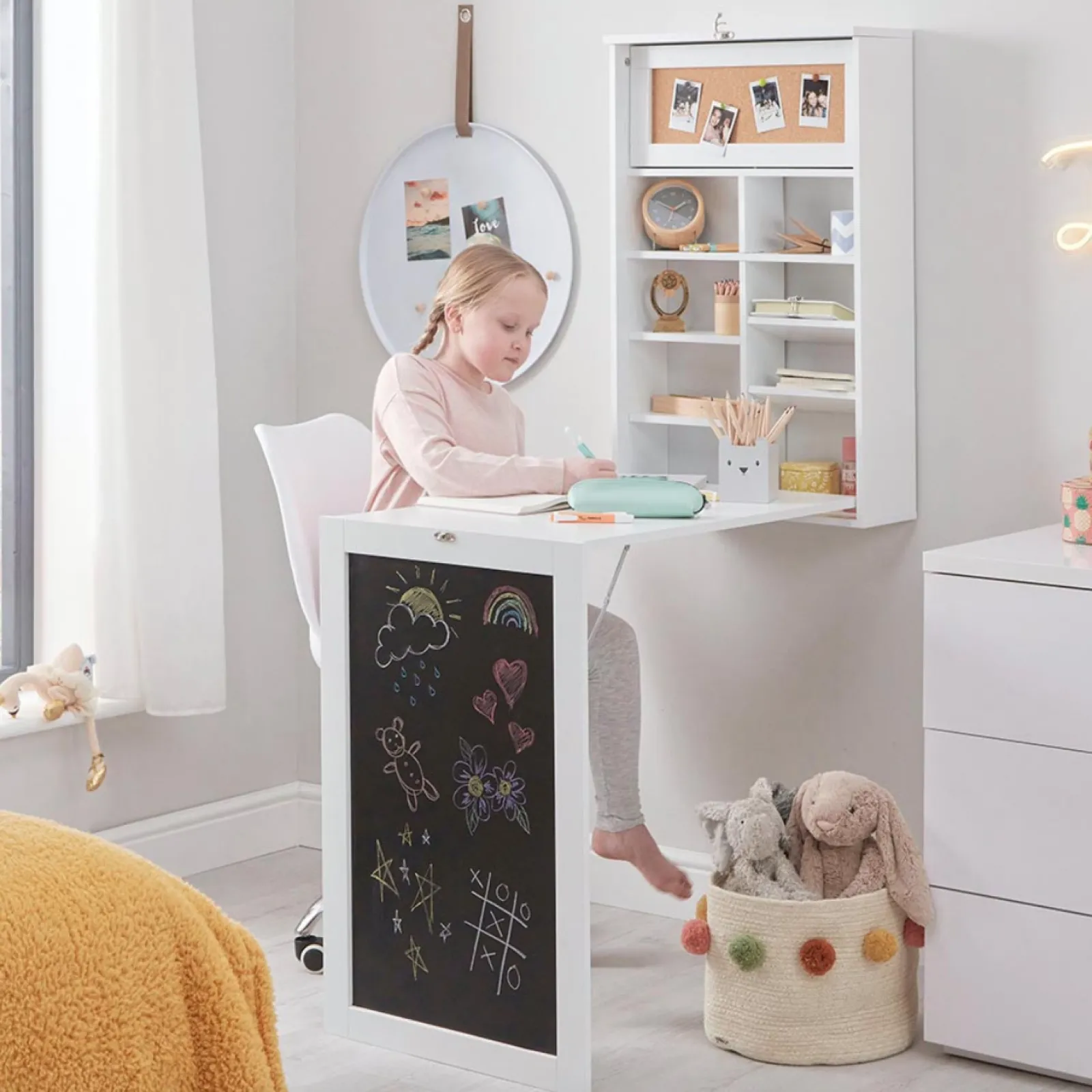 Kinder Little Helper Platzsparender Montessori-Schreibtisch zur Wandmontage | Schwebender Schreibtisch | Tafel | Aufbewahrung | Weiß oder Grau | 5–12 Jahre