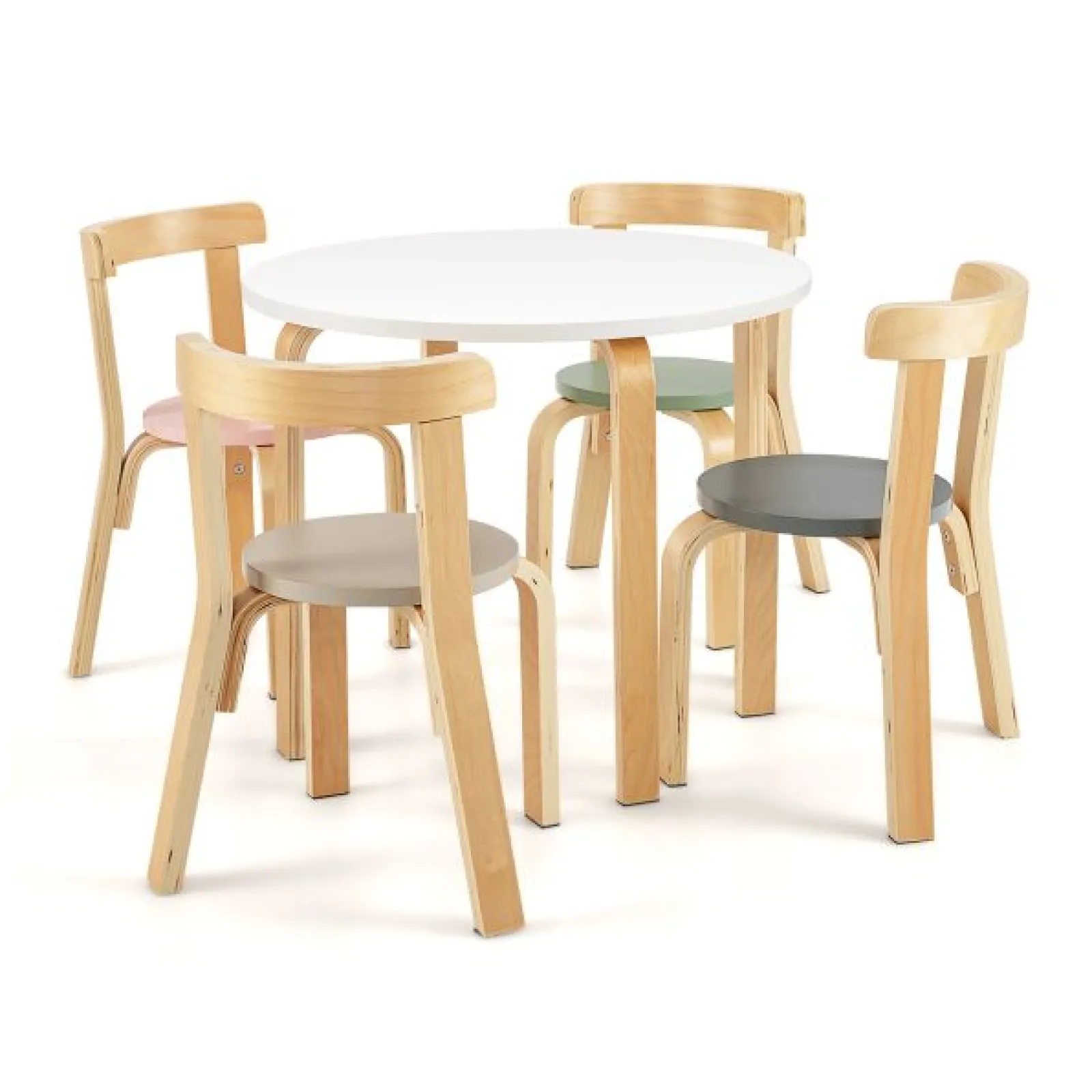 Kinder Little Helper Runder Kindertisch aus Öko-Pappel- und Birkenholz und 4 ergonomische Stühle | 4 Farboptionen
