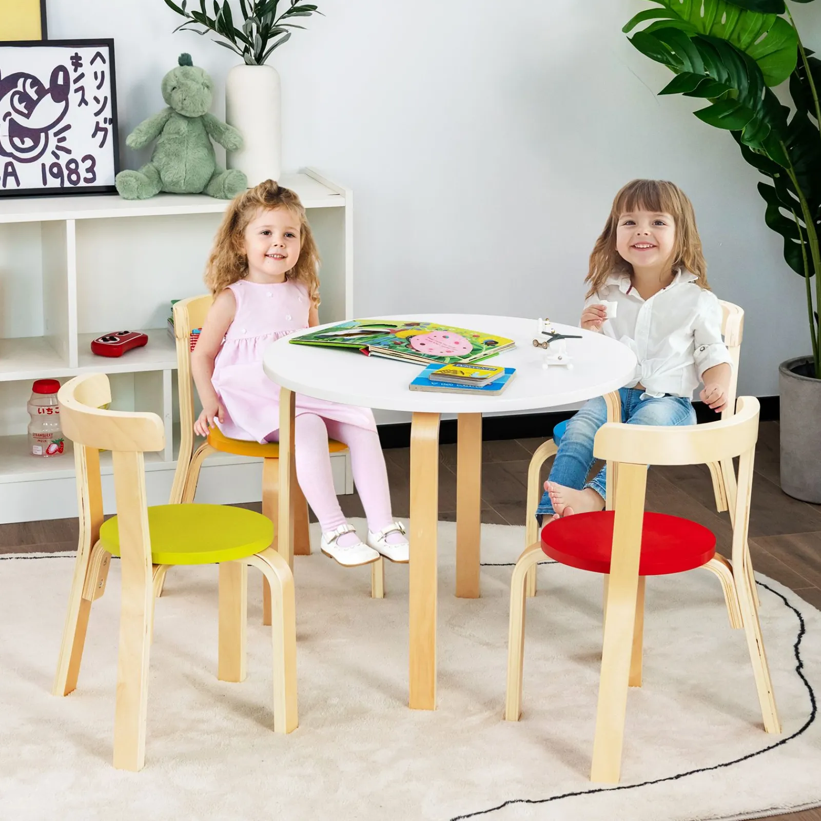 Kinder Little Helper Runder Kindertisch aus Öko-Pappel- und Birkenholz und 4 ergonomische Stühle | 4 Farboptionen