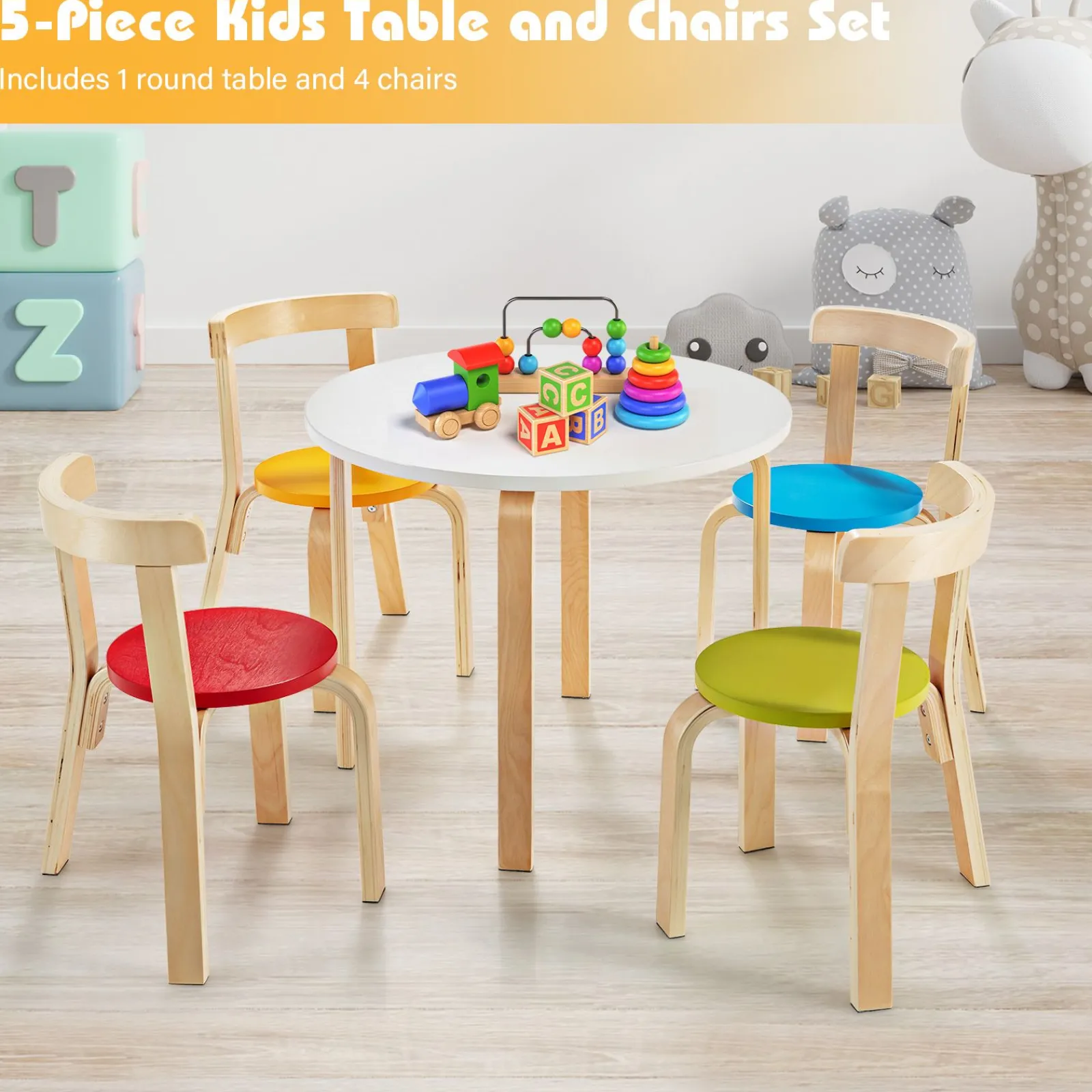 Kinder Little Helper Runder Kindertisch aus Öko-Pappel- und Birkenholz und 4 ergonomische Stühle | 4 Farboptionen