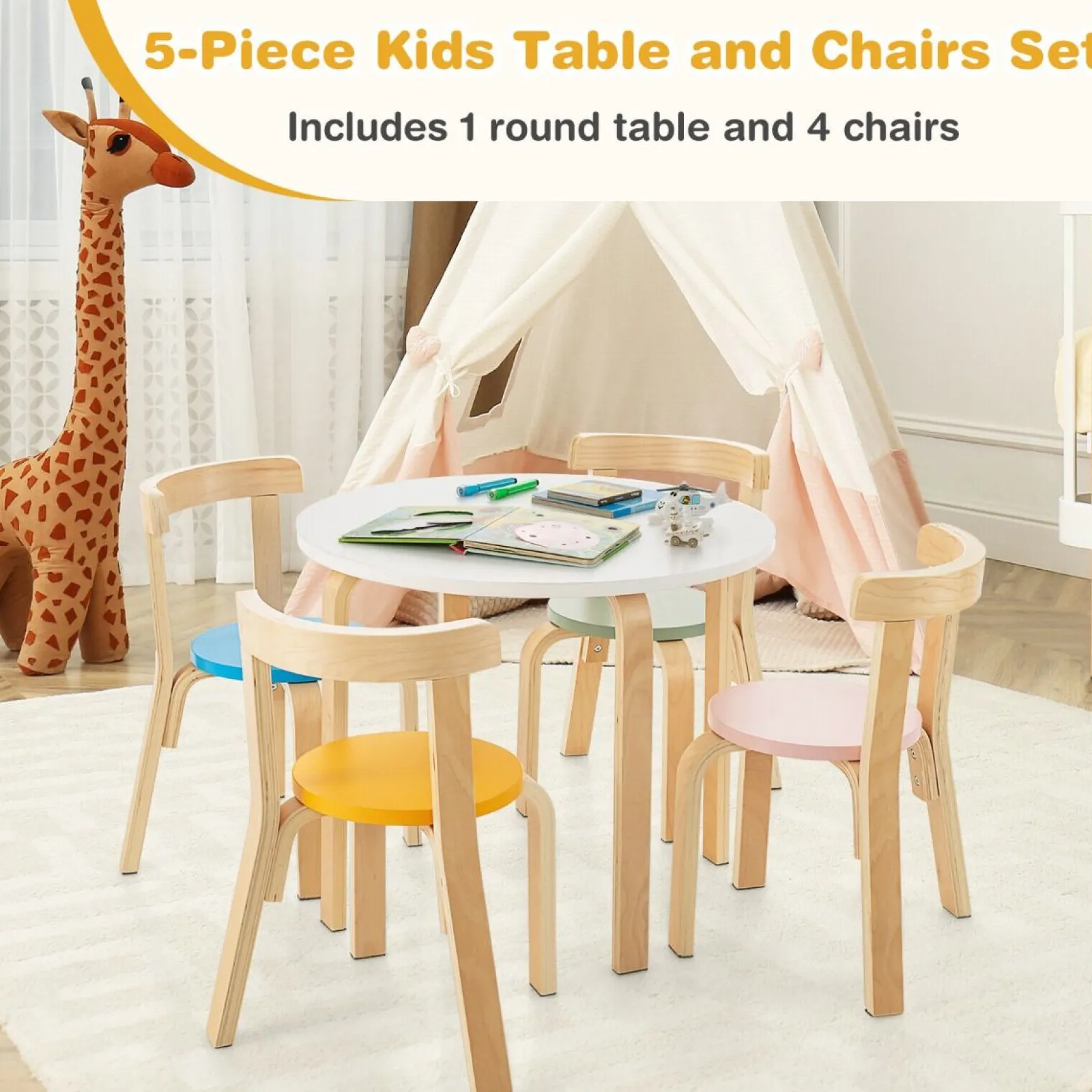 Kinder Little Helper Runder Kindertisch aus Öko-Pappel- und Birkenholz und 4 ergonomische Stühle | 4 Farboptionen