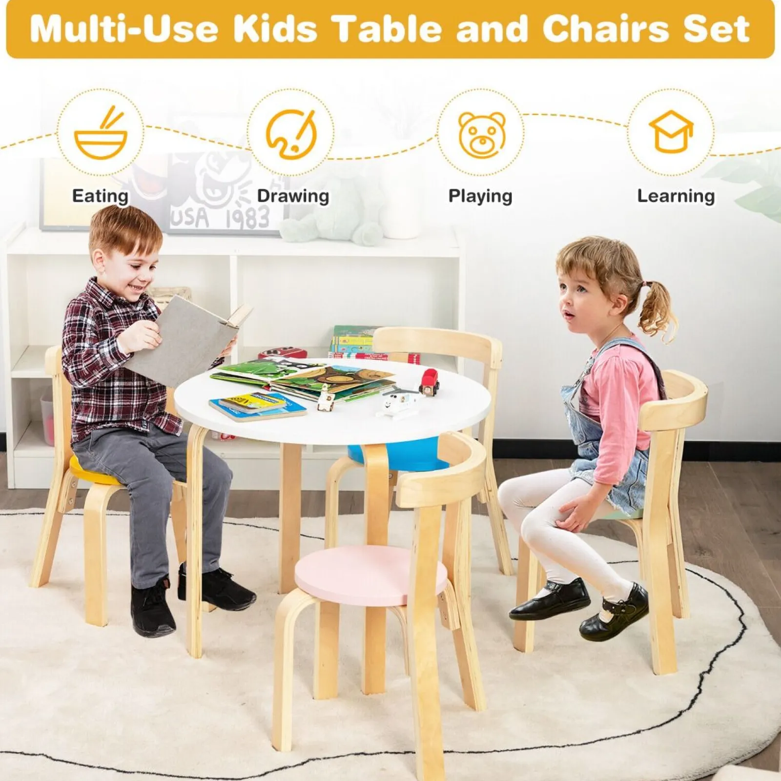 Kinder Little Helper Runder Kindertisch aus Öko-Pappel- und Birkenholz und 4 ergonomische Stühle | 4 Farboptionen