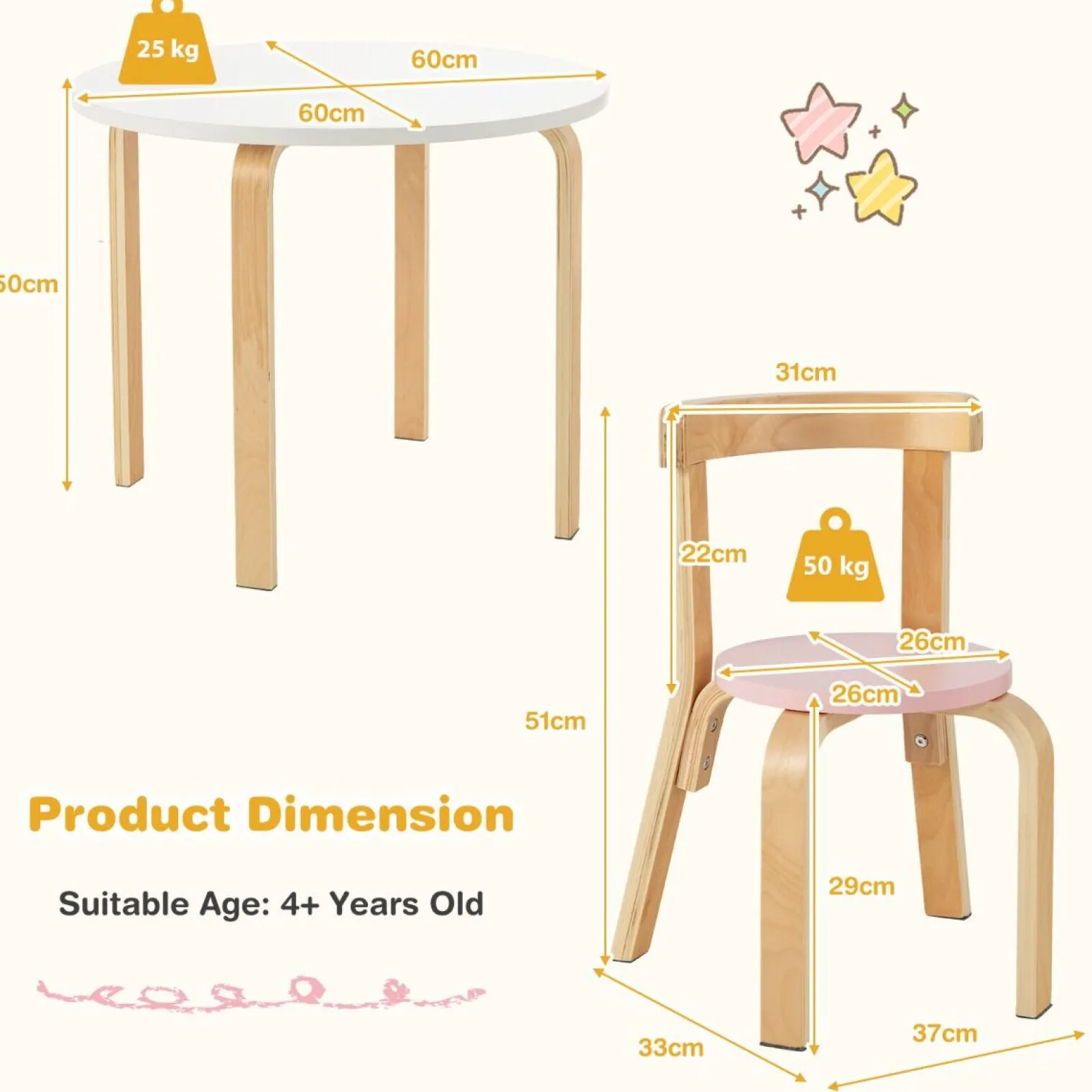 Kinder Little Helper Runder Kindertisch aus Öko-Pappel- und Birkenholz und 4 ergonomische Stühle | 4 Farboptionen