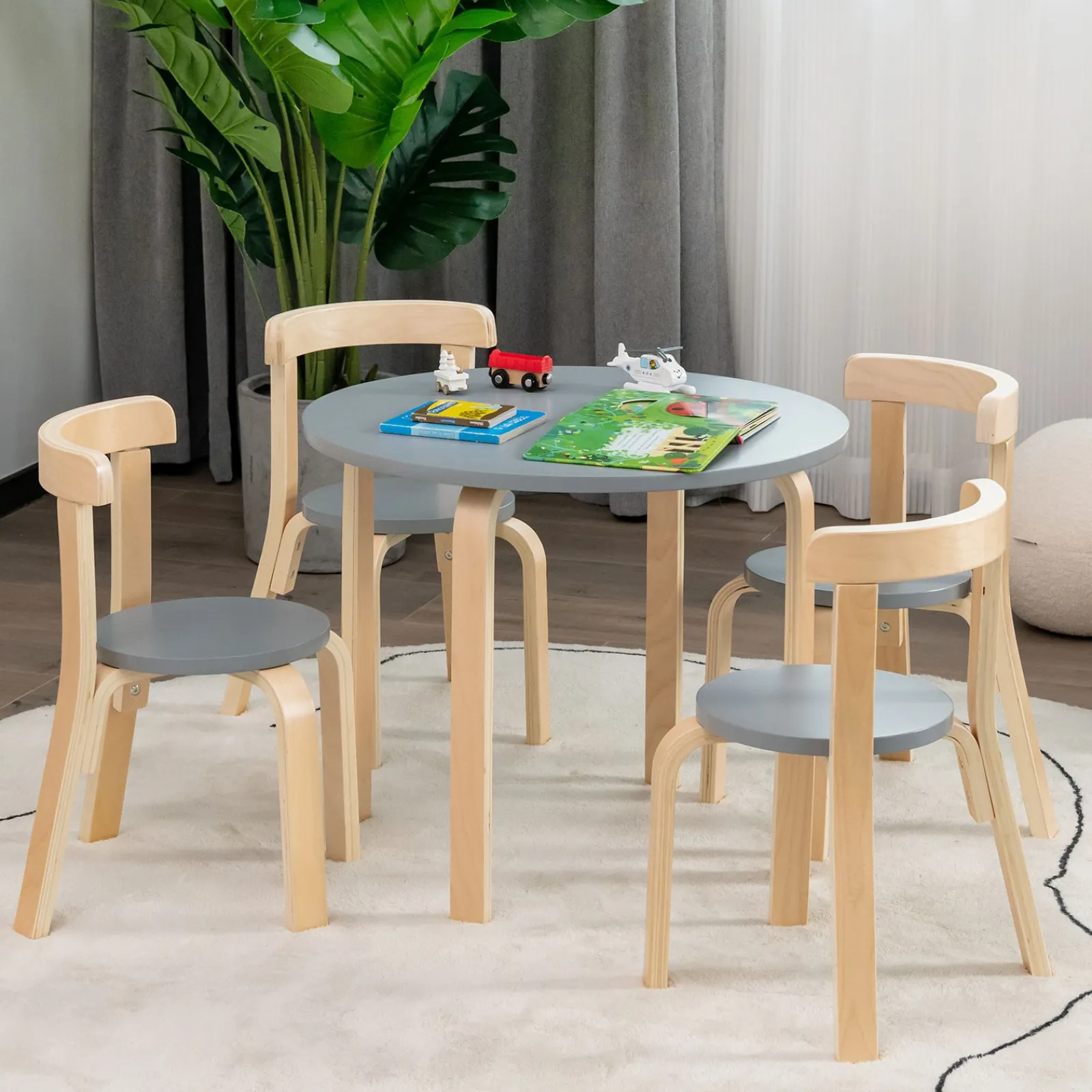 Kinder Little Helper Runder Kindertisch aus Öko-Pappel- und Birkenholz und 4 ergonomische Stühle | 4 Farboptionen
