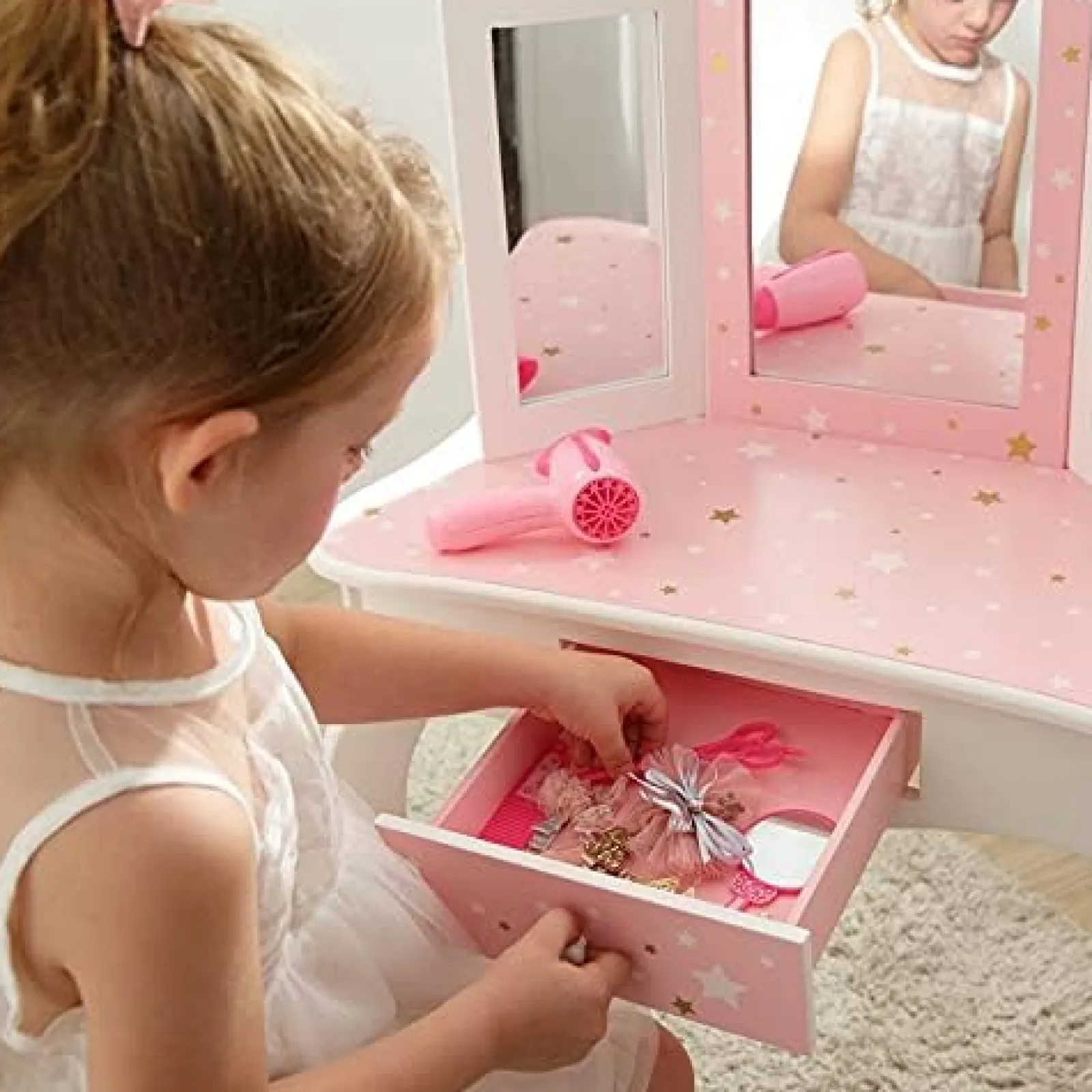 Kinder Little Helper Schminktisch für Mädchen | Schminktisch | Kristallknöpfe | Rosa Sterne und Weiß | 6 - 13 Jahre