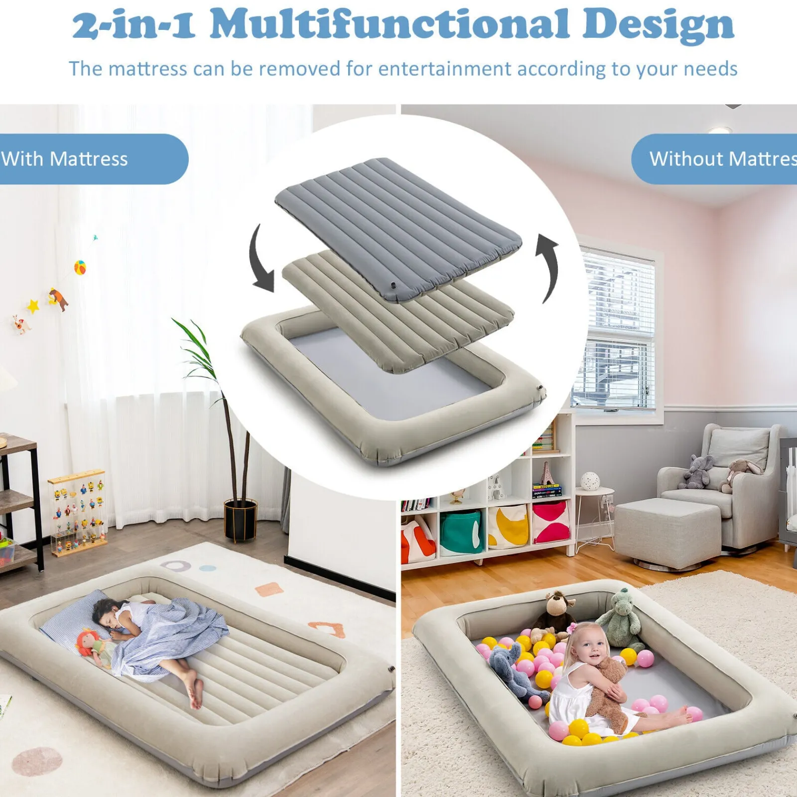 Kinder Little Helper Schnell zusammenbaubares, aufblasbares, tragbares Reisebett und Bällebad für Kinder | Matratze, Tragetasche und Luftpumpe | beige | 18m+