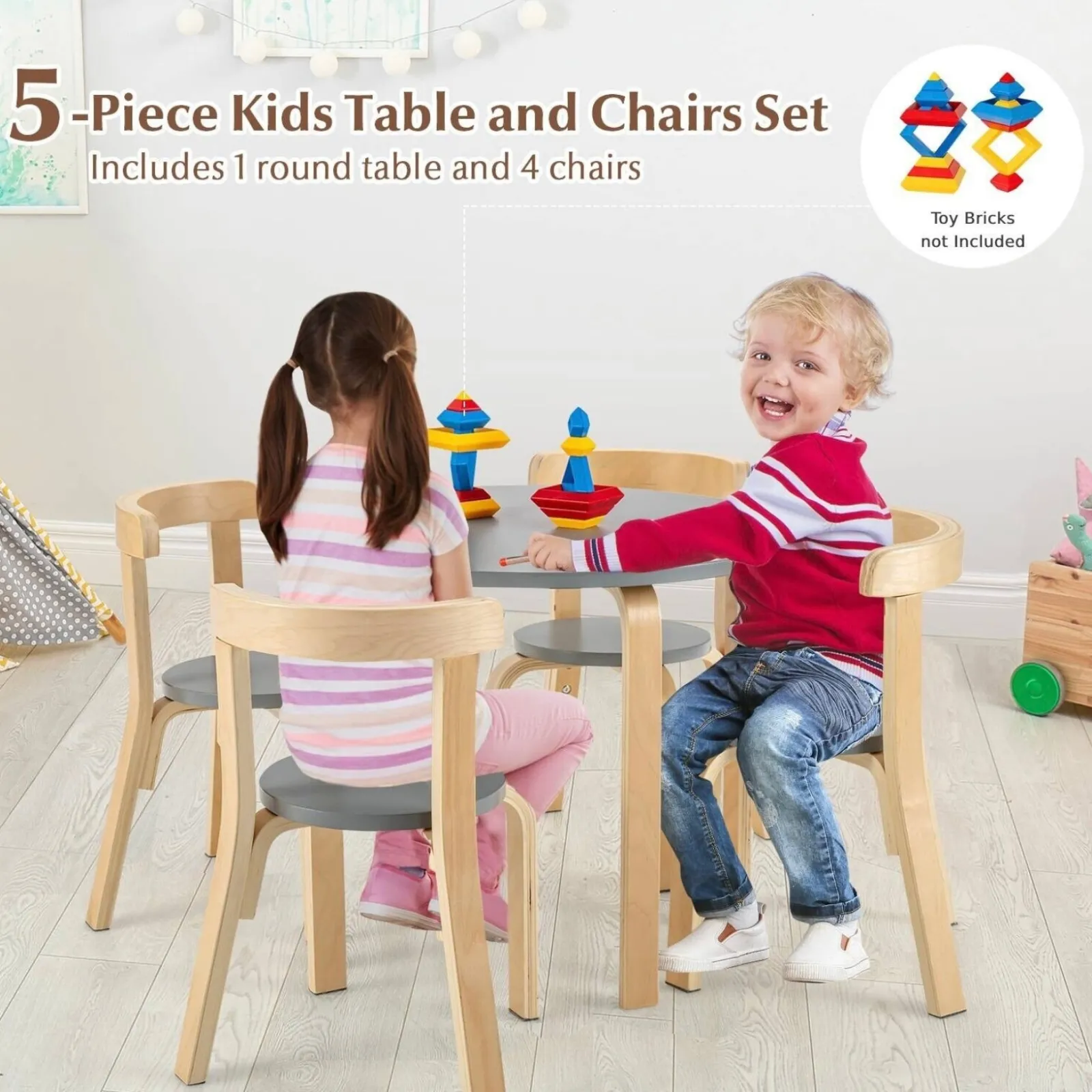 Kinder Little Helper Set aus Holztisch und 4 Stühlen für Kinder | Geschwungenes Design | Birke und Grau