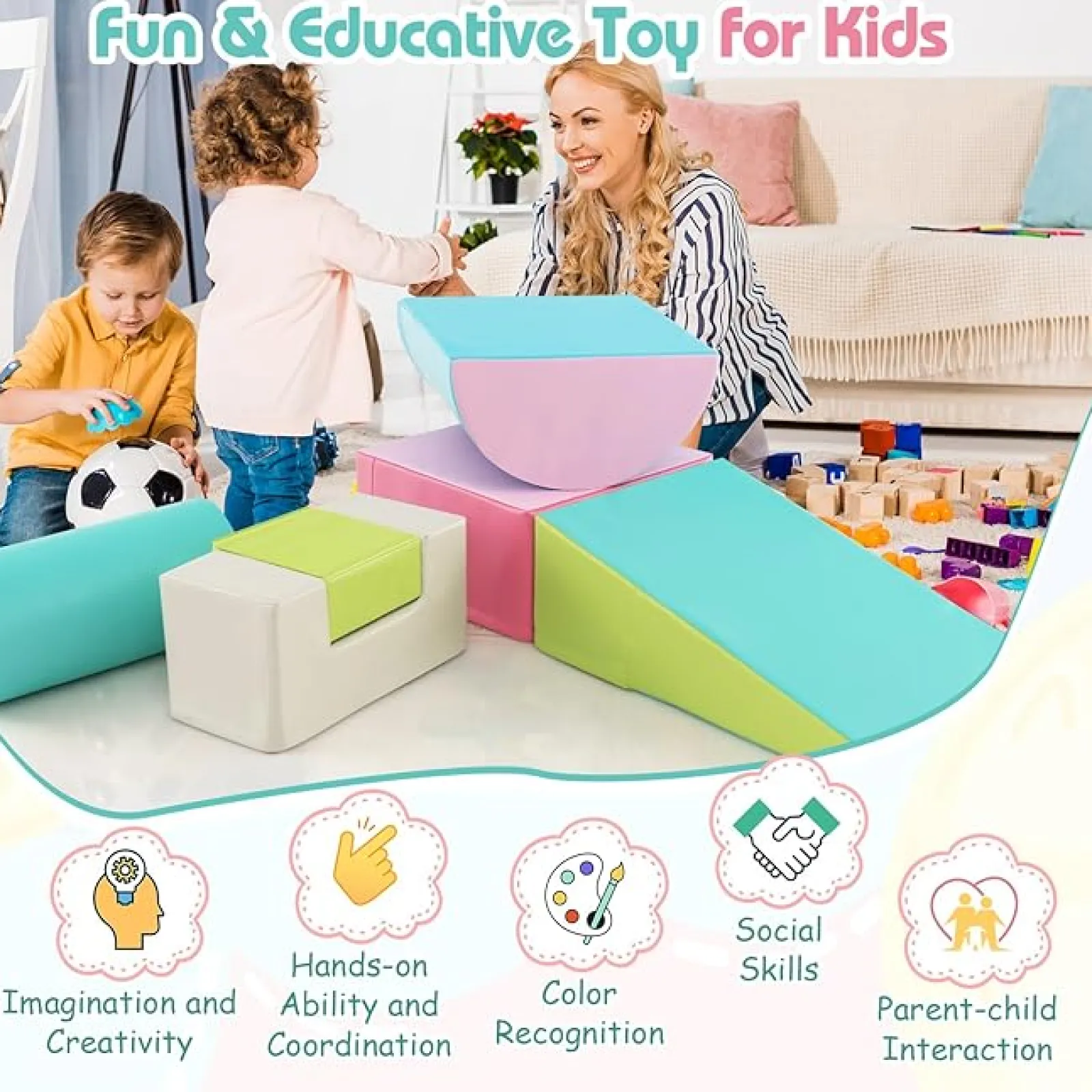 Kinder Little Helper Softspielgeräte | Pikler 6-teiliges Schaumstoff-Softspielset | Weiche Spielrutsche und Brücke | Pastell-Set | 1-3 Jahre