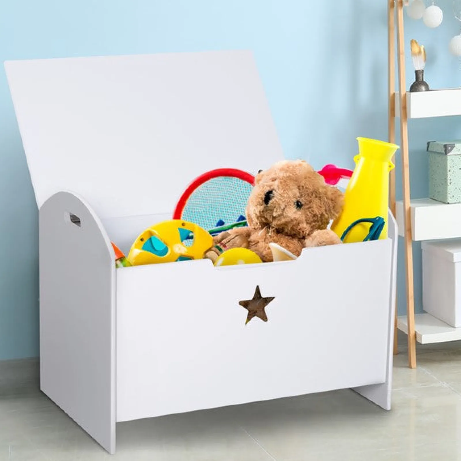 Kinder Little Helper Spielzeugkiste und Bank aus Holz für Kinder mit Kindersicherheitsscharnier | Spielzeugaufbewahrung mit Griffen | Weiß