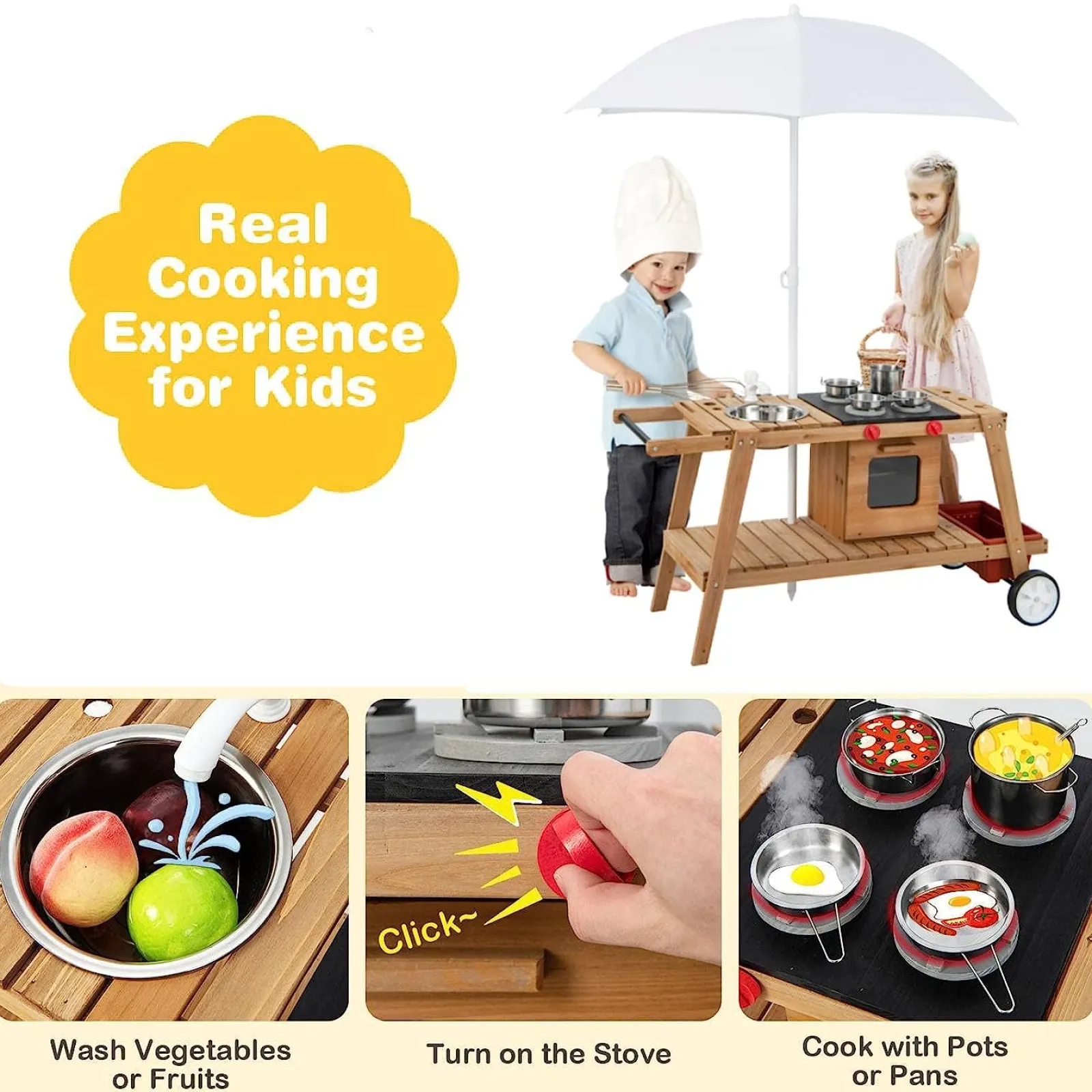Little Helper Tragbar | Umweltfreundliche Montessori-Matschküche aus natürlichem Tannenholz für Kinder mit Regenschirm | Holzspielzeugküche | Ab 3 Jahren