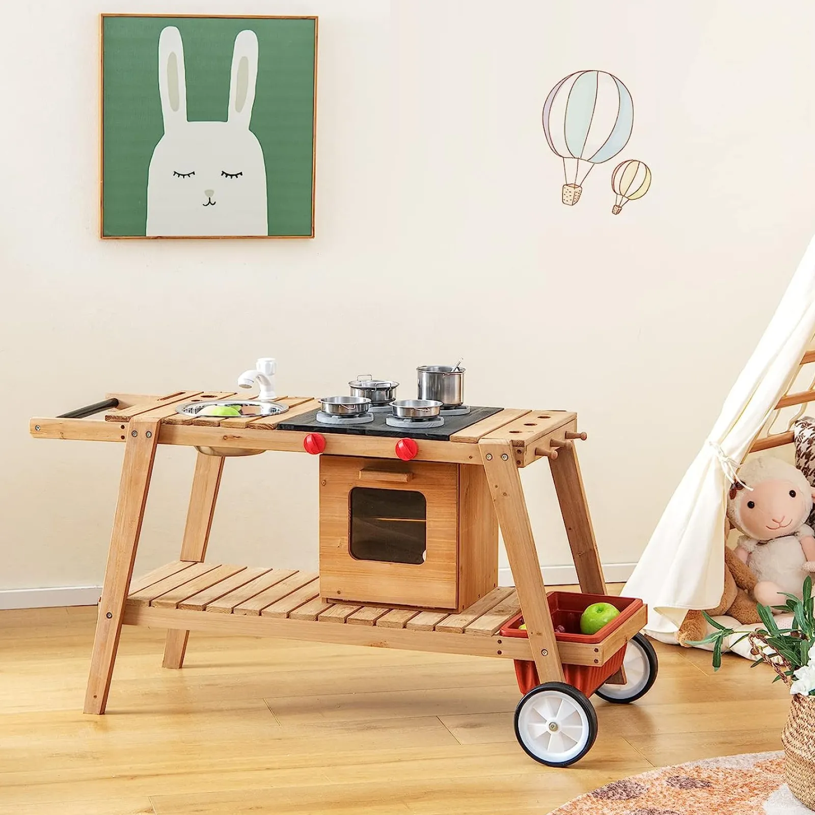 Little Helper Tragbar | Umweltfreundliche Montessori-Matschküche aus natürlichem Tannenholz für Kinder mit Regenschirm | Holzspielzeugküche | Ab 3 Jahren