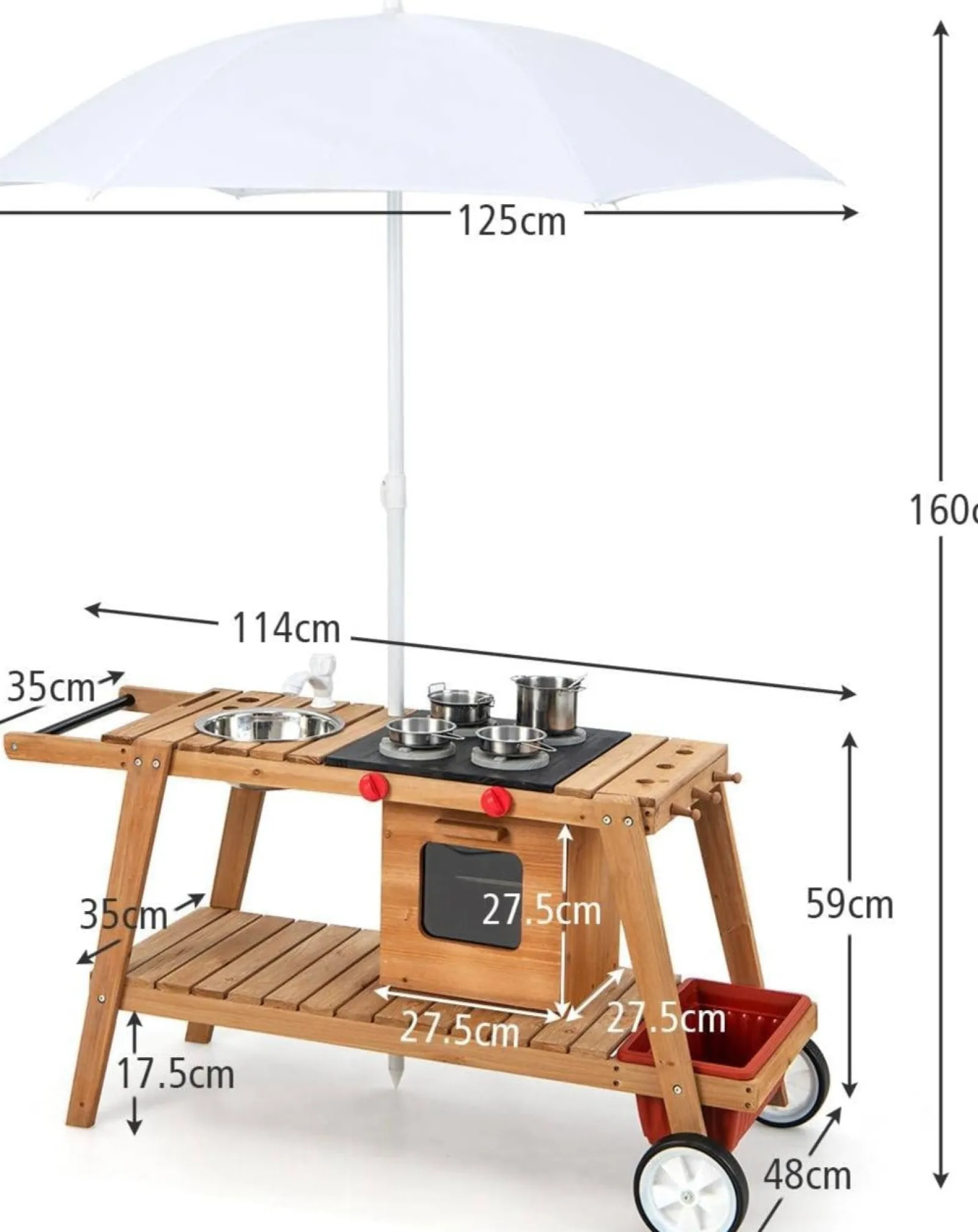 Little Helper Tragbar | Umweltfreundliche Montessori-Matschküche aus natürlichem Tannenholz für Kinder mit Regenschirm | Holzspielzeugküche | Ab 3 Jahren