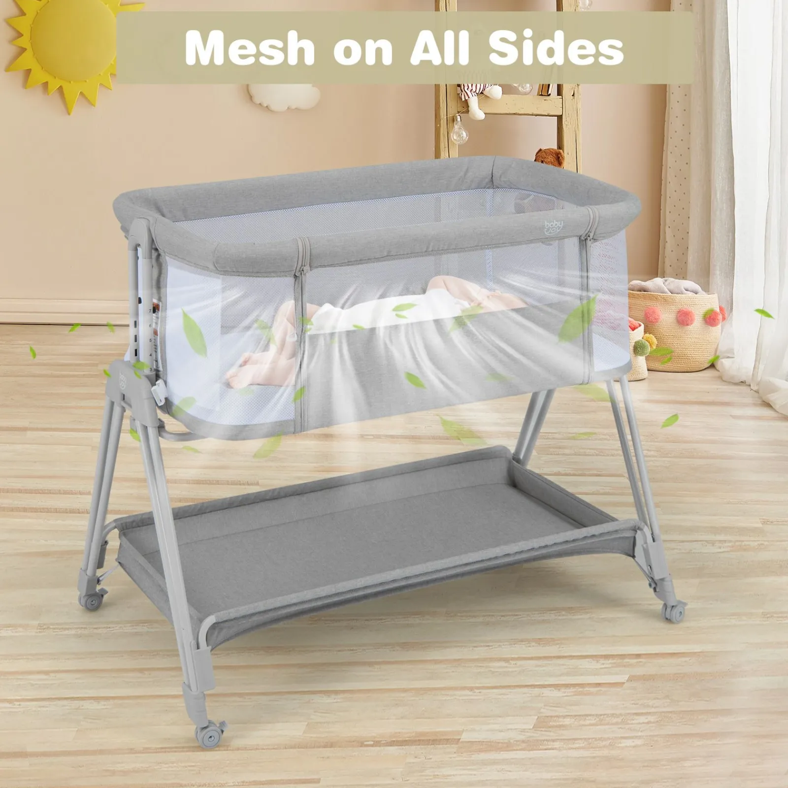 Kinder Little Helper Tragbares Babybett neben mir | Bettwäsche | 7 einstellbare Höhen | Ablage | Räder | Tragetasche | 0–6m