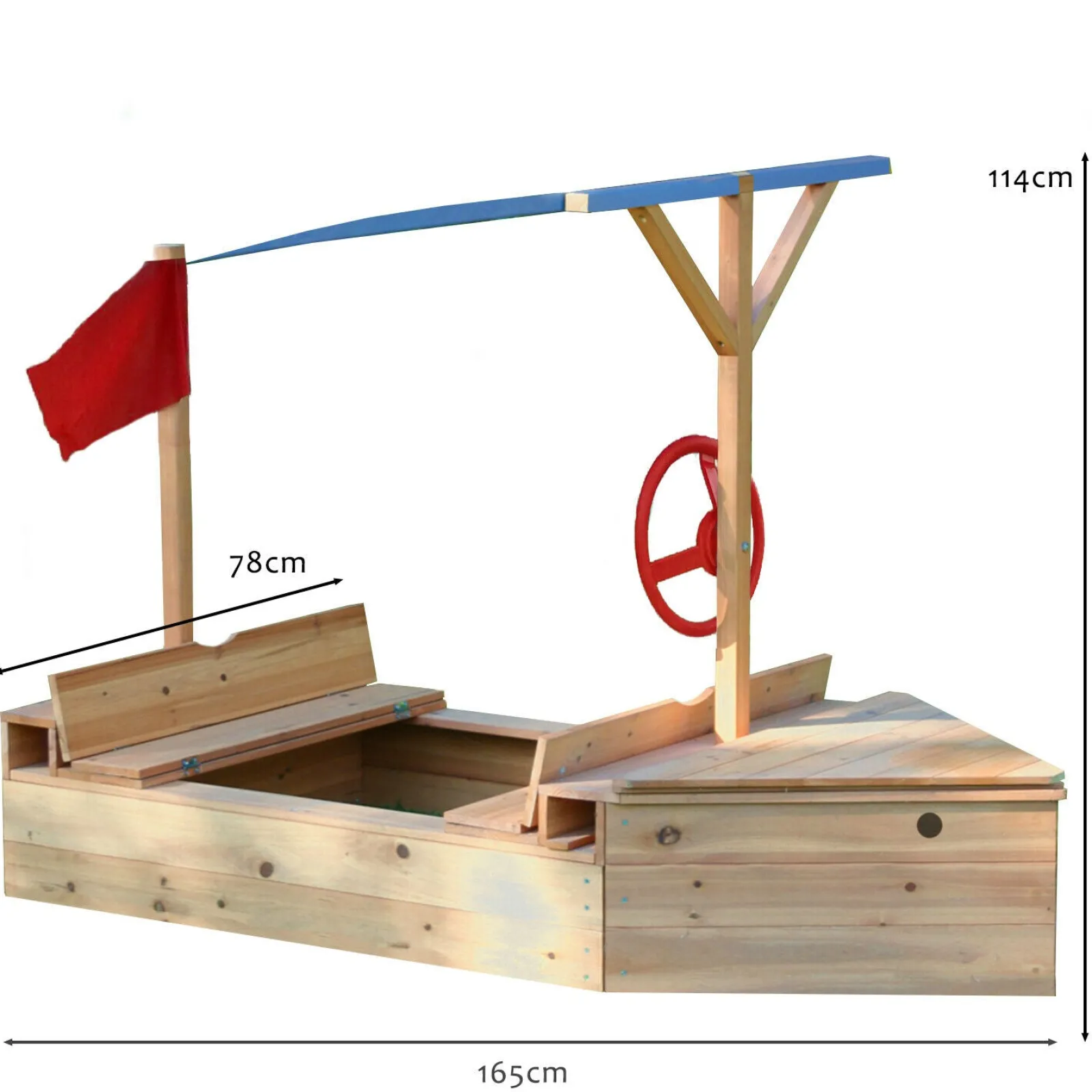 Little Helper Umweltbewusster 2-in-1-Sandkasten „Piratenschiff“ mit Sonnendach und Stauraum für Kinder aus 100 % imprägniertem Tannenholz | 1,65m lang | Alle Altersgruppen