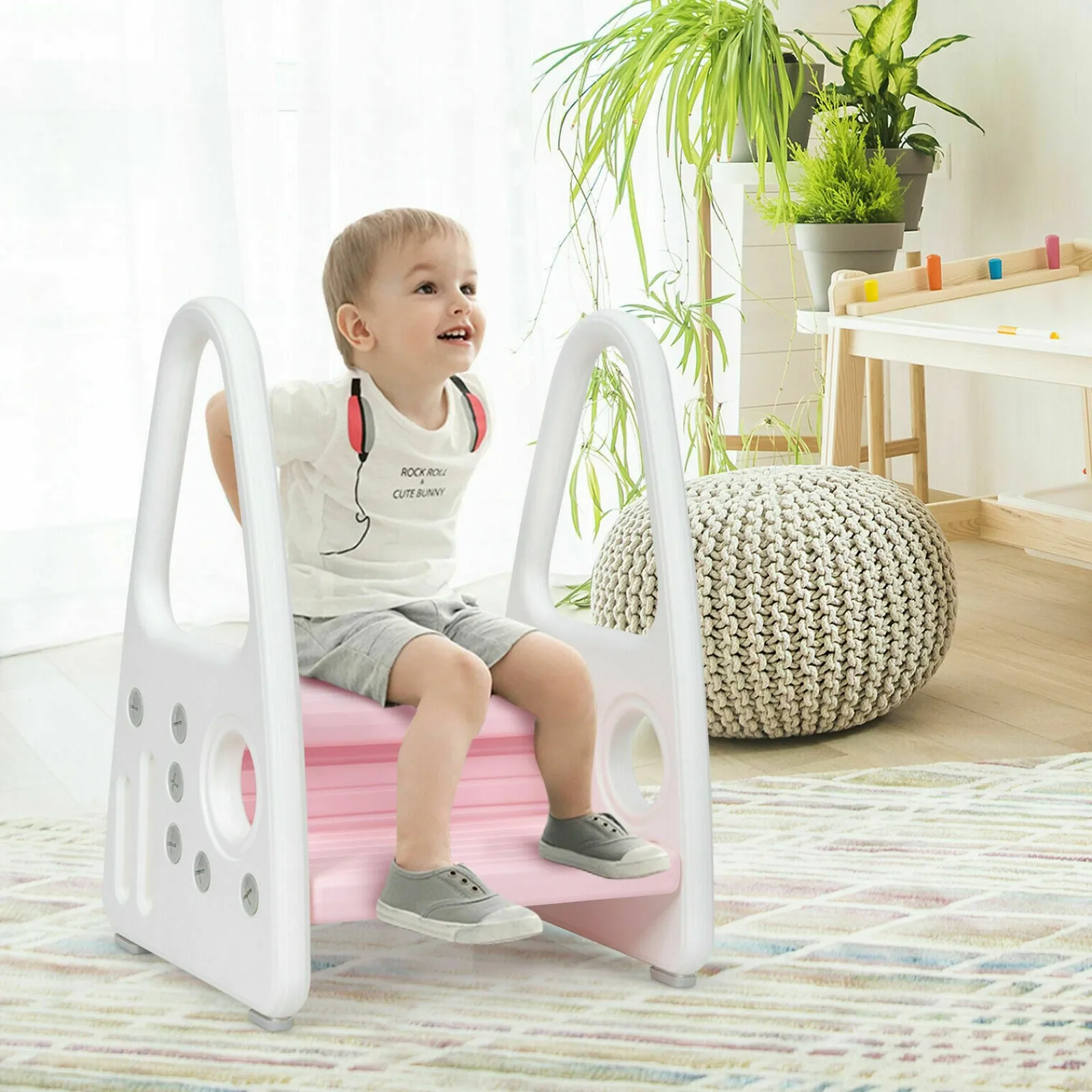 Kinder Little Helper Vielseitig einsetzbarer, robuster und ausgefallener Tritthocker aus rutschfestem Kunststoff für Kleinkinder | Weiß und Rosa