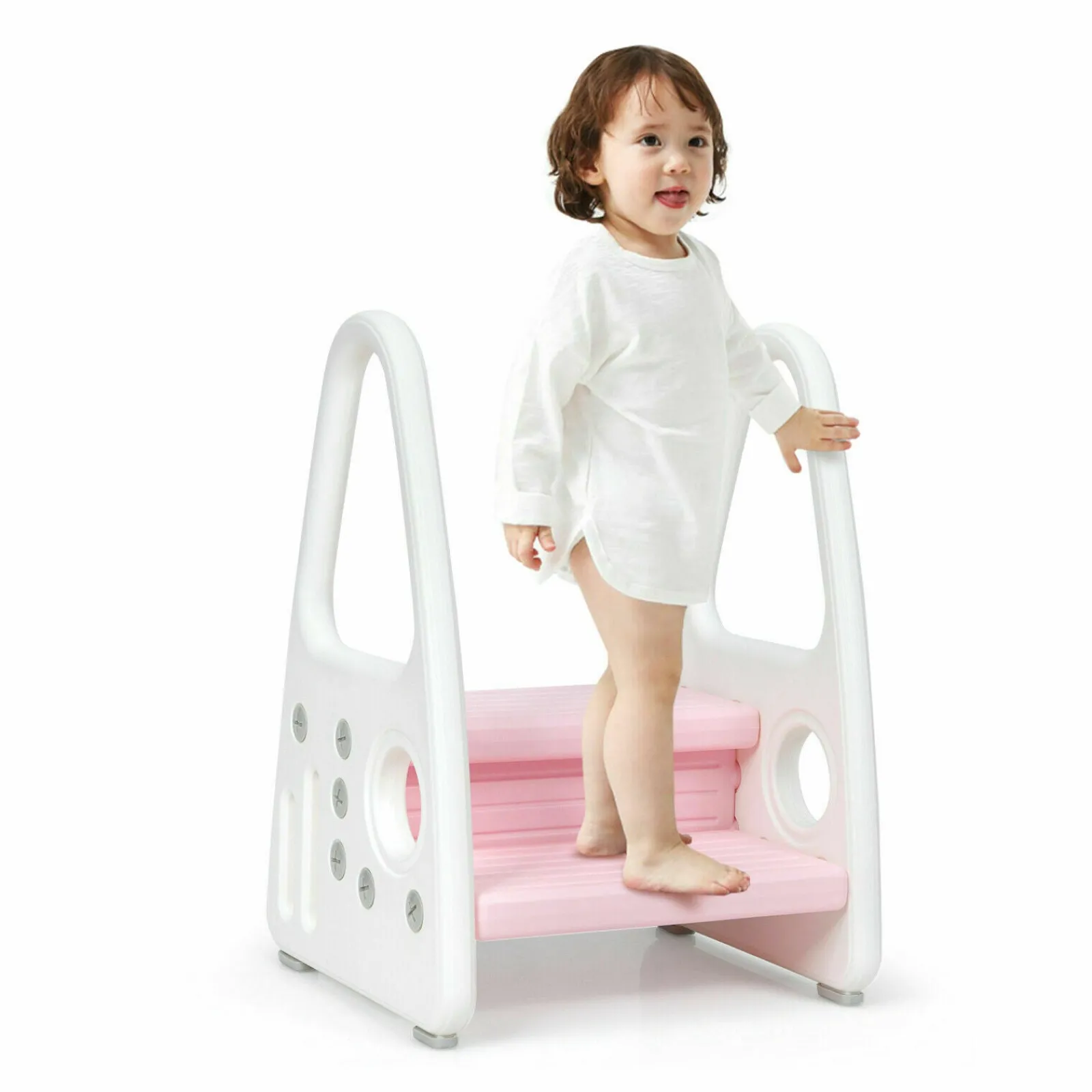 Kinder Little Helper Vielseitig einsetzbarer, robuster und ausgefallener Tritthocker aus rutschfestem Kunststoff für Kleinkinder | Weiß und Rosa