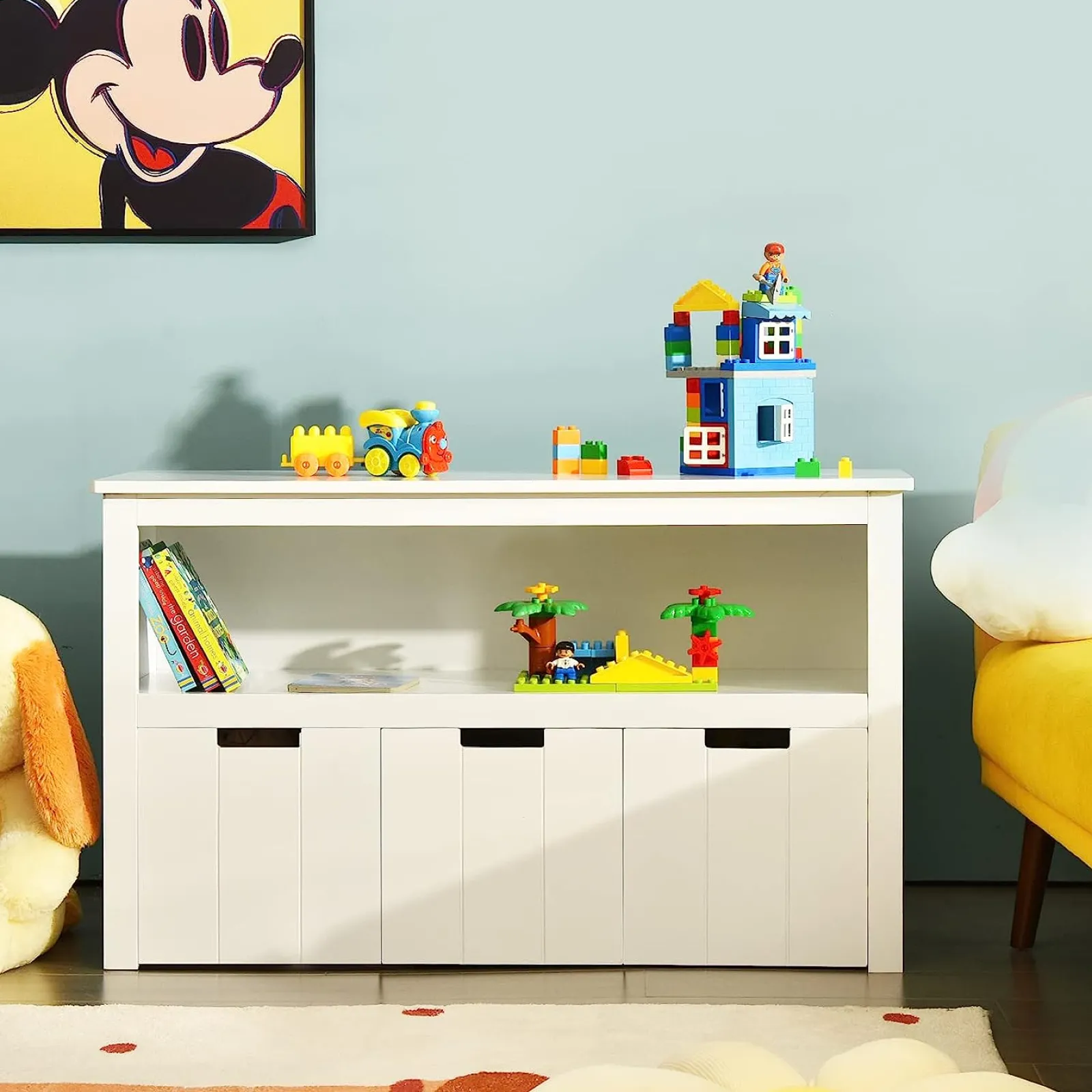 Kinder Little Helper Weiße 2-in-1-Aufbewahrungseinheit für Kinderspielzeug | Aufbewahrungsschrank | 1 Regal | 3 Schubladen | 2 Farben