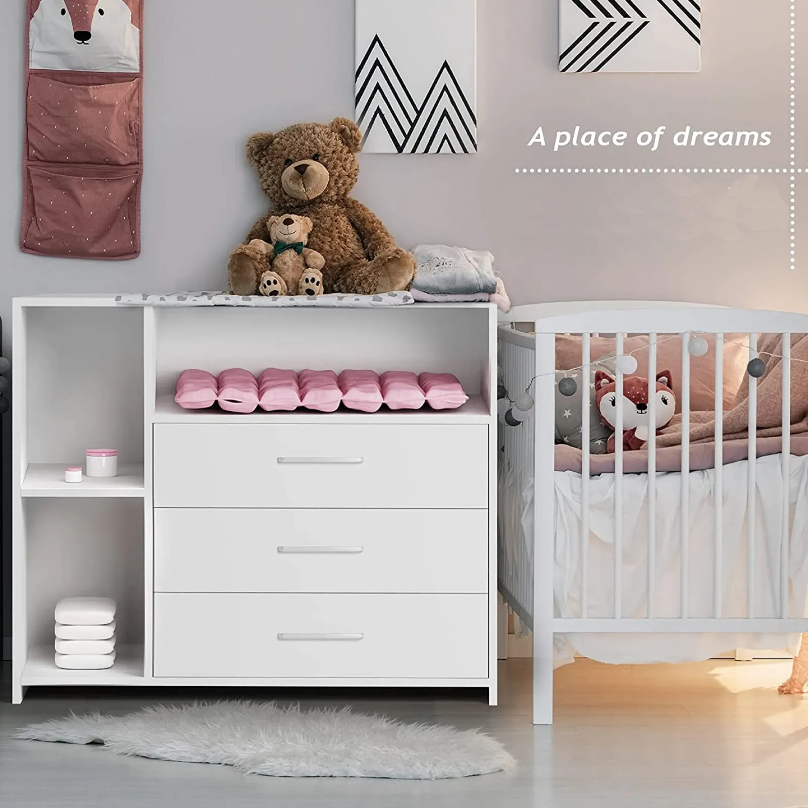 Kinder Little Helper Wickelkommode | Stauraum & 3 Schubladen | Hochwertiges, modernes Design | 113 x 100 x 53 cm | Weiß
