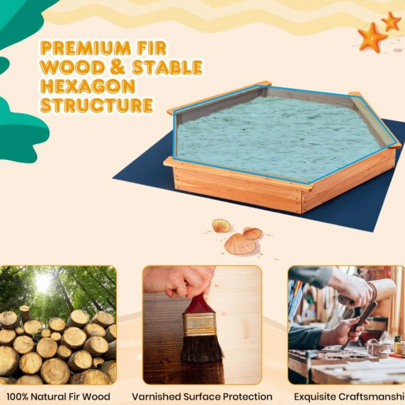 Little Helper XXL Premium Hexaganol Öko-Sandkasten aus Tannenholz für Montessori mit GRATIS Bodeneinlage und Abdeckung | 1,86 x 1,63 m