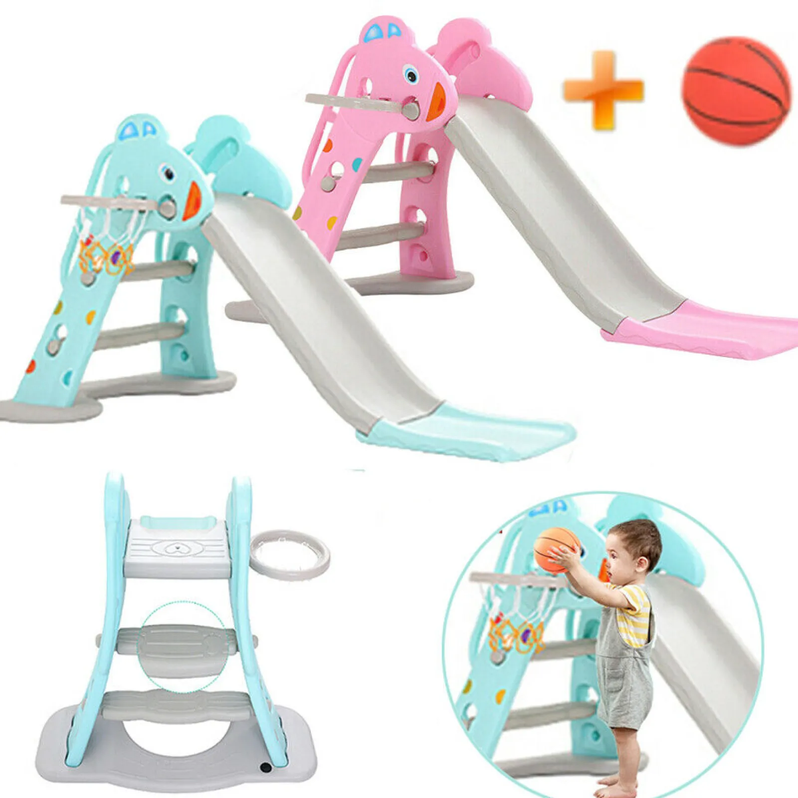 Kinder Little Helper Zusammenklappbare Montessori 2-in-1-Rutsche und Basketballkorb für Kinder | Für drinnen und draußen | Ab 36 Monaten